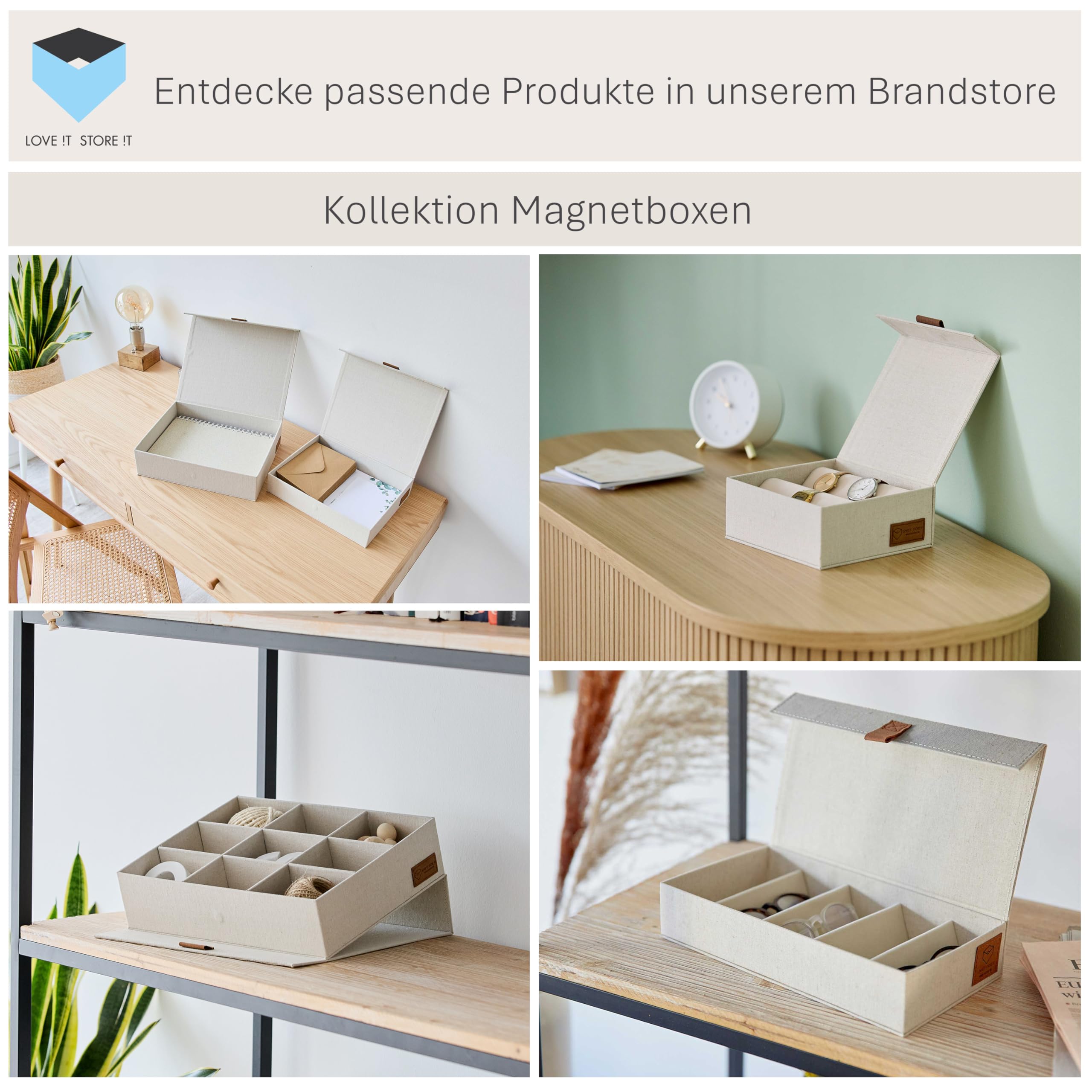 LOVE IT STORE IT Premium Aufbewahrungsbox mit Deckel, Beige, 2er Set | Ordnungsboxen mit magnetischem Klappdeckel aus Leinen, Ideal für Schmuck und Accessoires, 2 Boxen in verschiedenen Größen