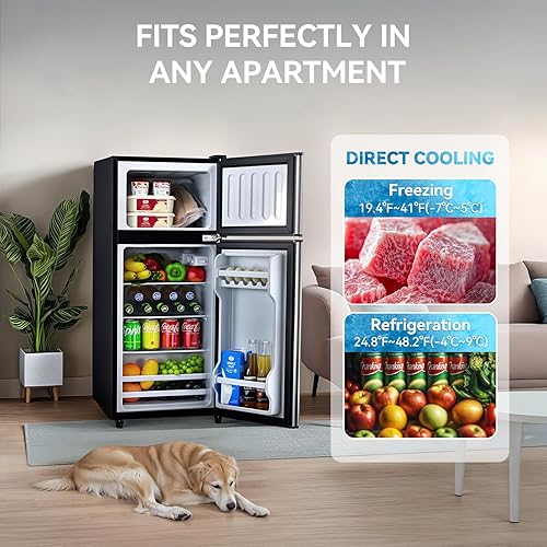 Miniatura 3 de Refrigerador de 4.0 pies cúbicos con congelador, refrigerador de doble puerta con termostato de 6 niveles, luz LED, estantes de vidrio ajustables