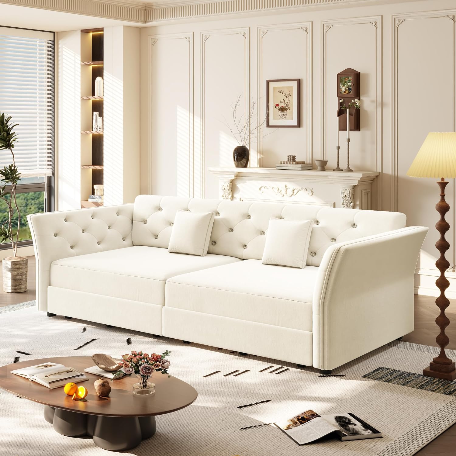 Queen Size Sleeper Sofa Bed Velvet Convertible 3-Seater with Flower Tufted Design Beige/White