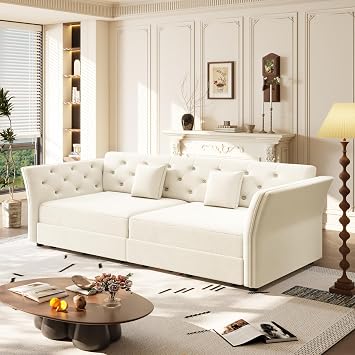 74.4" Queen Size Sleeper Sofa Bed, Velvet 3-in-1 Convertible Pull Out Couch with Handmade Flower Tufted, Curved Arms, Oversized Deep Seat Sofa Couch for Living Room Apartment, Beige