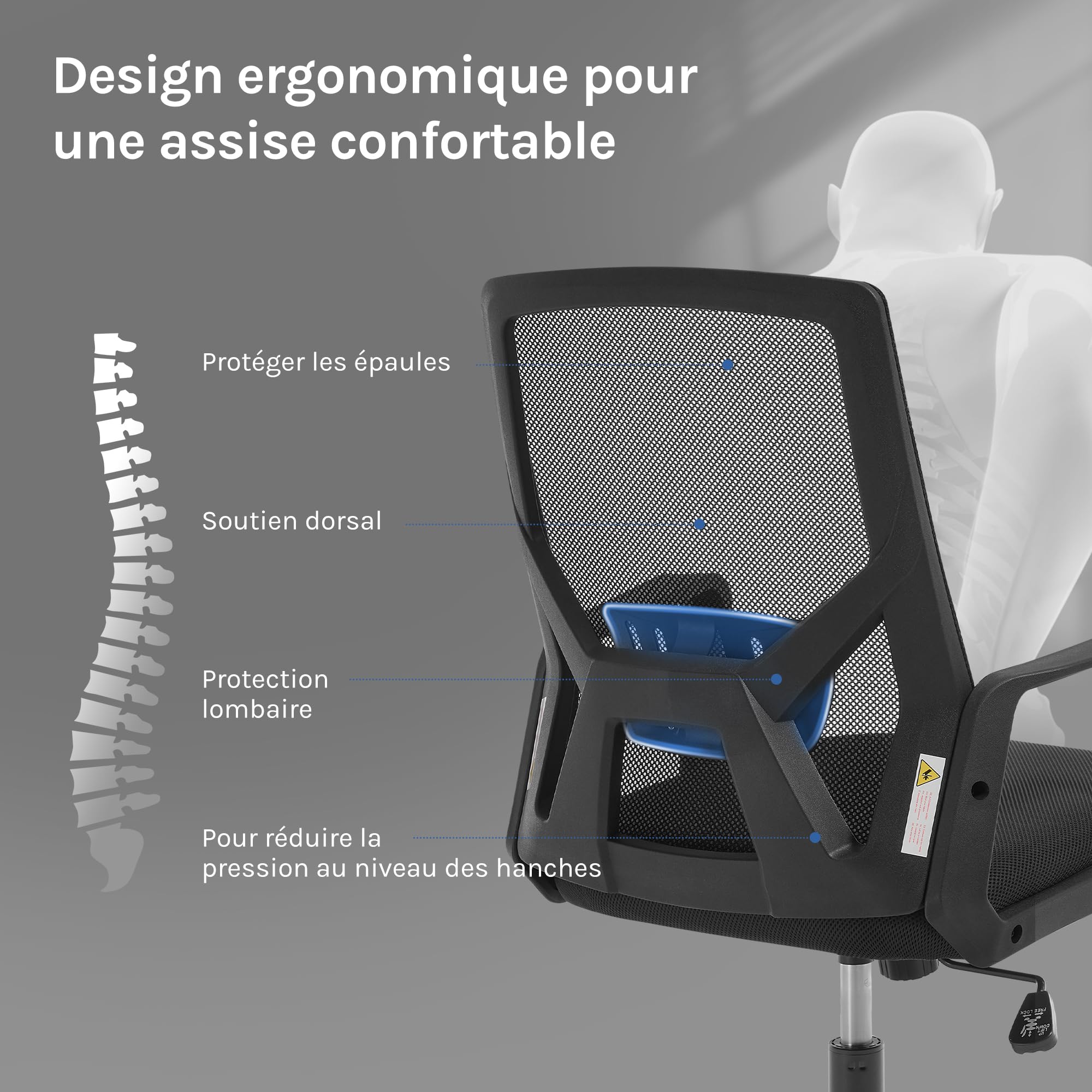 Chaise Bureau Ergonomique avec Dossier Rabattable en Maille Haute Élasticité, Fauteuil Bureau avec roulettes Universelles à 360° et Accoudoirs, Noir