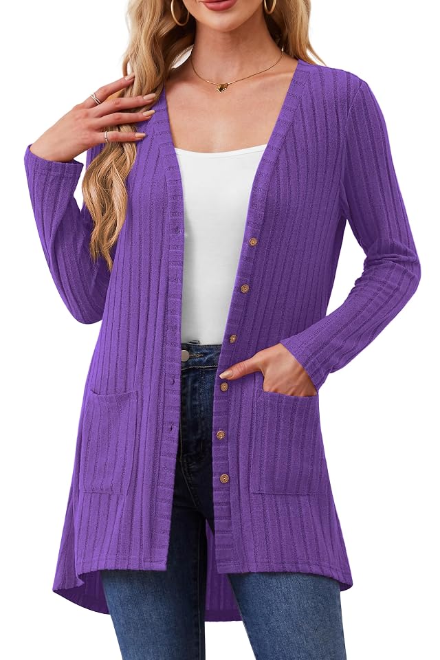 Women Cardigans Open Front Lightweight Button Down Duster Long Cardigan Vertical Stripes Pockets for Casual Fall
