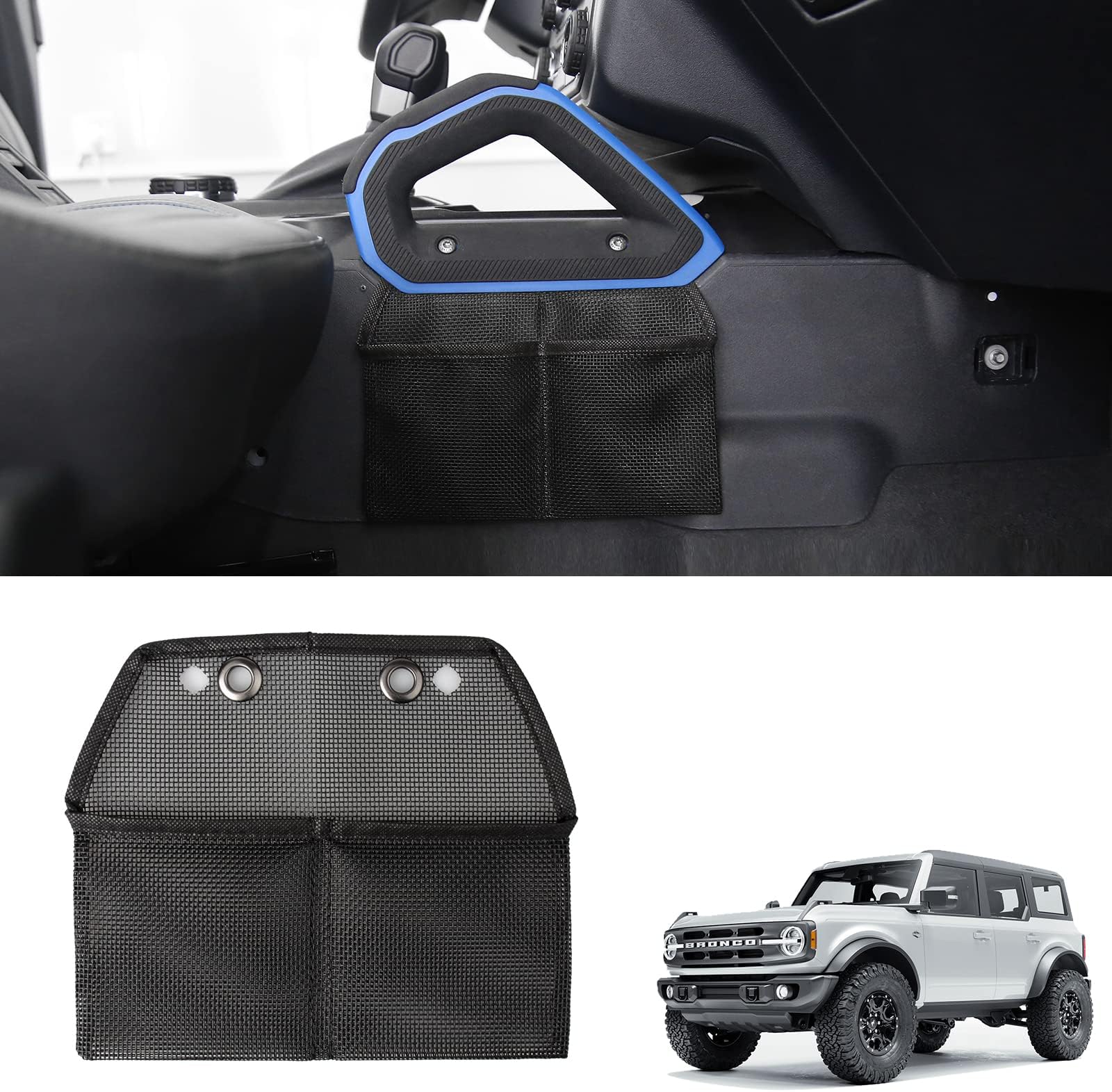 Ecarzo Pocket for Ford Bronco Accessories 2021 2022 2023 Center Console Side Organizer Passenger Grab Handle Storage Bag (2 or 4 Door)