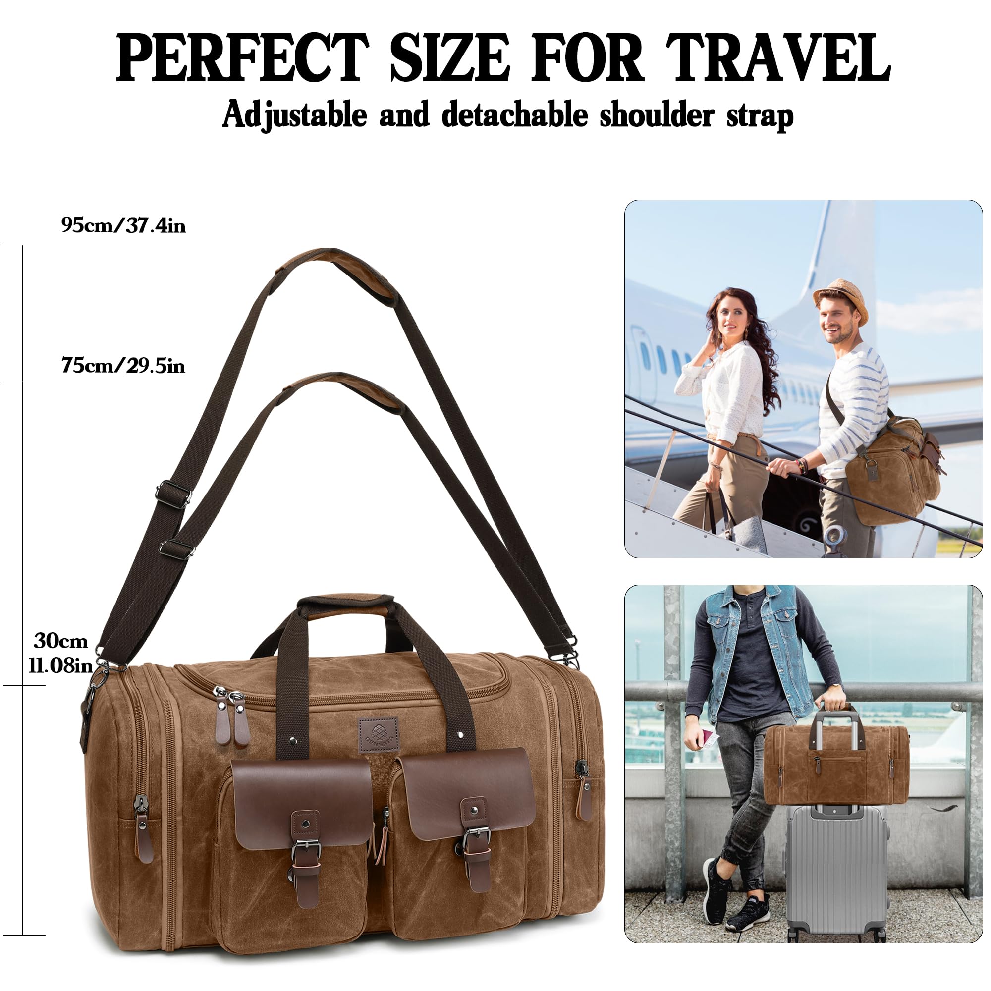 Bolsa de viaje de 60 litros, bolsa de lona expandible de piel auténtica, bolsa de viaje mejorada para fin de semana, marrón, (Vintage Dark Brown), Large-50L, Classic