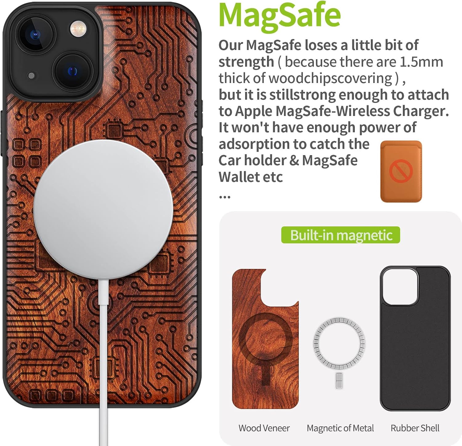 Carveit Magnetic Wood Case for iPhone 13 Case [Natural Wood & Black Soft TPU] Unique & Classy Wooden Shockproof Protective Cover Compatible with MagSafe (Motherboard -Rosy)