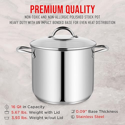 Miniatura 6 de Bakken-Swiss Deluxe - Olla de acero inoxidable de 16 cuartos de galón con tapa transparente de vidrio templado, deliciosas sopas, guisos y cocción