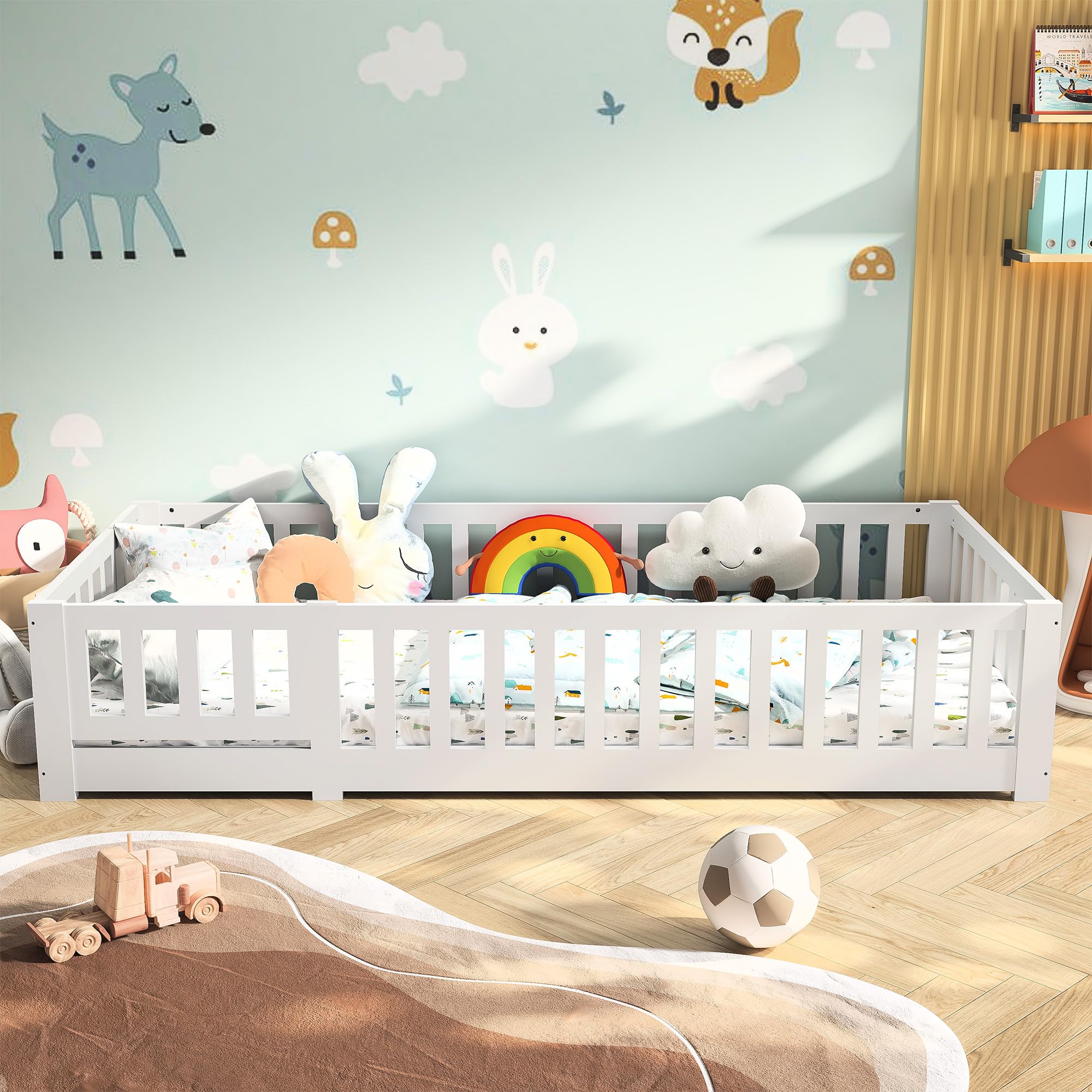 Łóżeczko dziecięce, łóżeczko 90 x 200 cm, łóżeczko Montessori z zabezpieczeniem przed wypadnięciem i stelażem, łóżeczko dla dzieci ze stelażem, dla chłopców i dziewczynek, białe, bez materaca