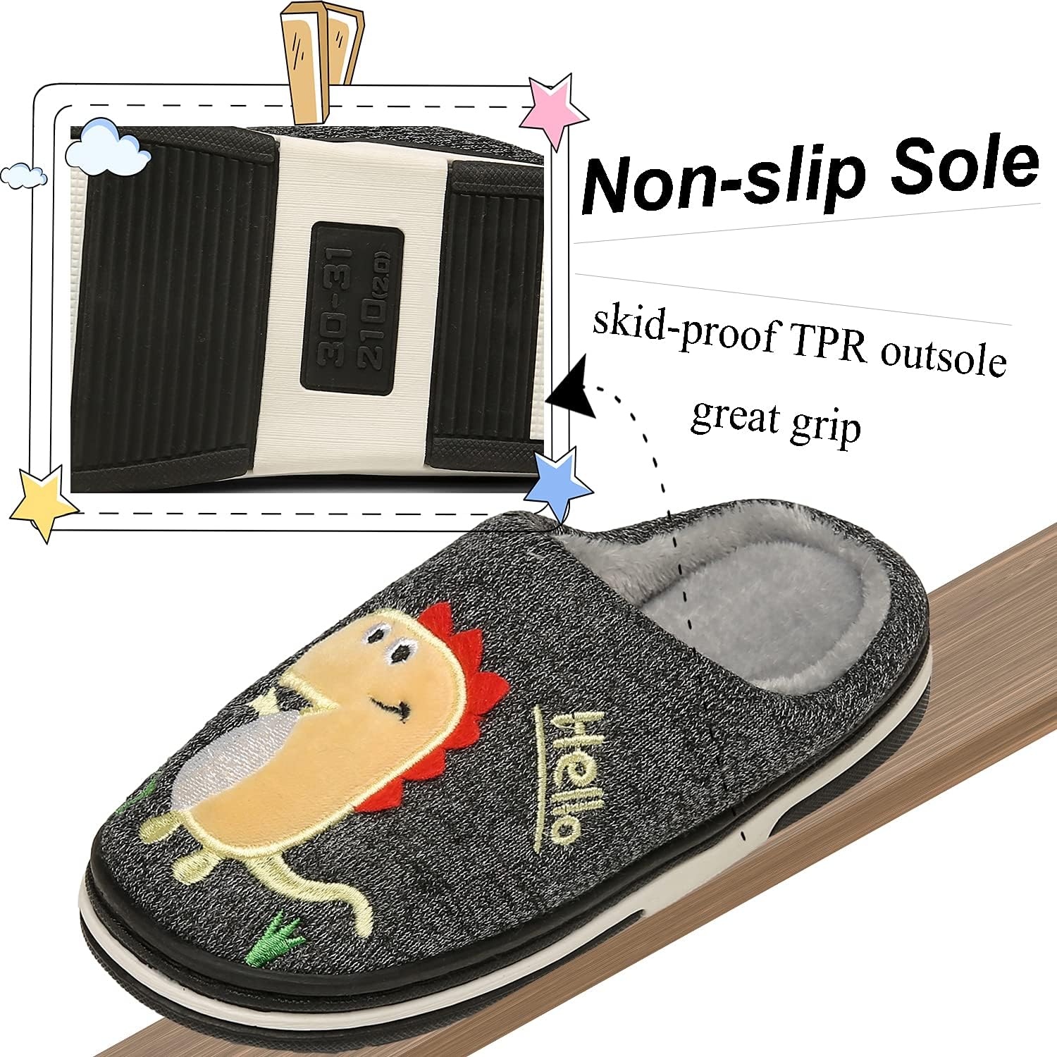 INMINPIN Boys Girls Cozy House Slippers Warm Plush Winter Cotton Slipper Kids Cute Dinosaur Indoor Shoes Non-Slip 1-2 Big Kid Black Grey image 5 of 5 B09DPTSLHY