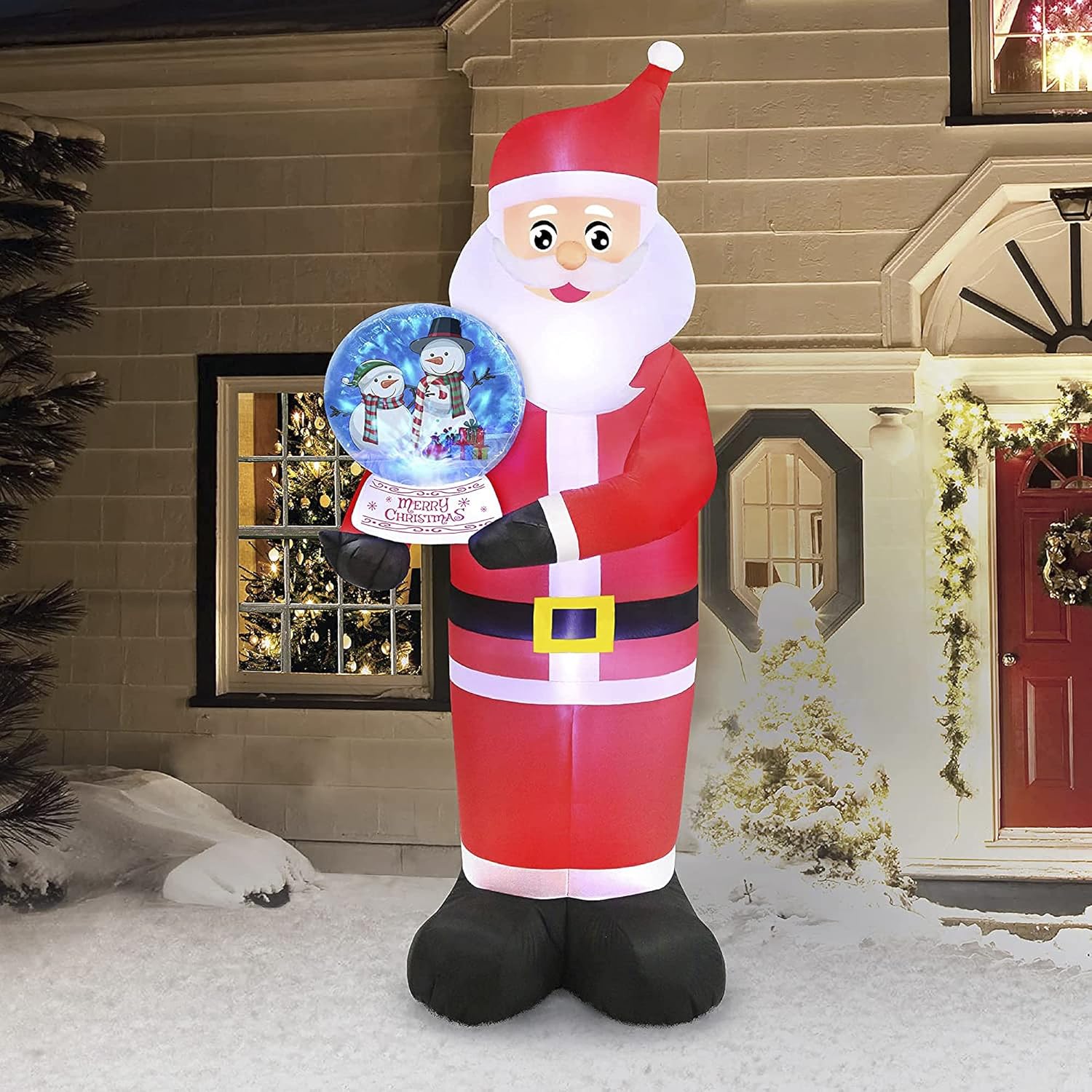 OCCASIONS FINEST PLASTIC TABLEWARE 8 Foot Inflatable Polyester Pre Lit Santa Holding Swirling Lights Snow Globe Christmas Yard Decoration with Multicolor