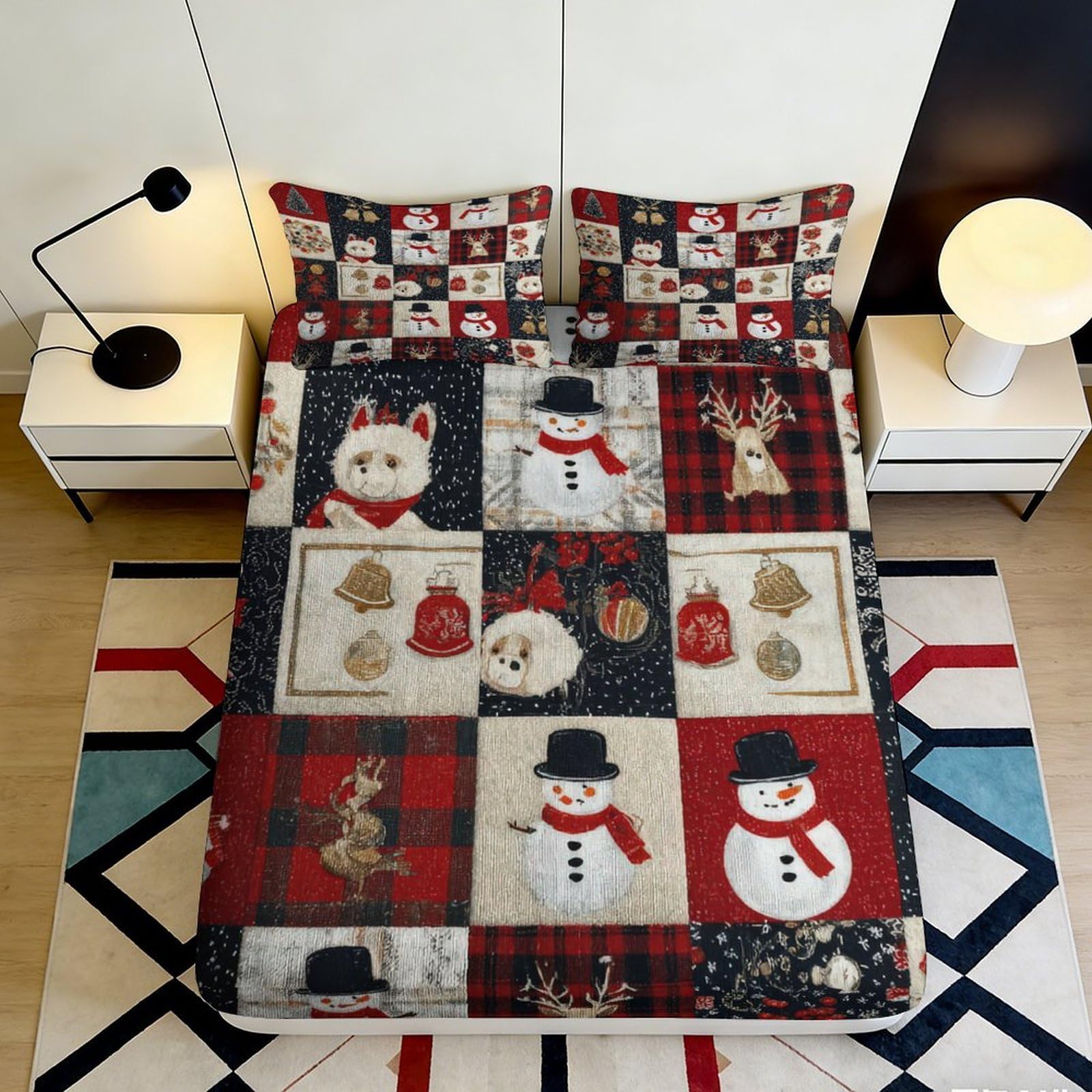 Uxinyoume Style-2 3D Printed Christmas Patchwork Fitted Sheet Microfiber Snowman Reindeer Bed Cover For Bedroom Guest Room Decor 90X200x25cm