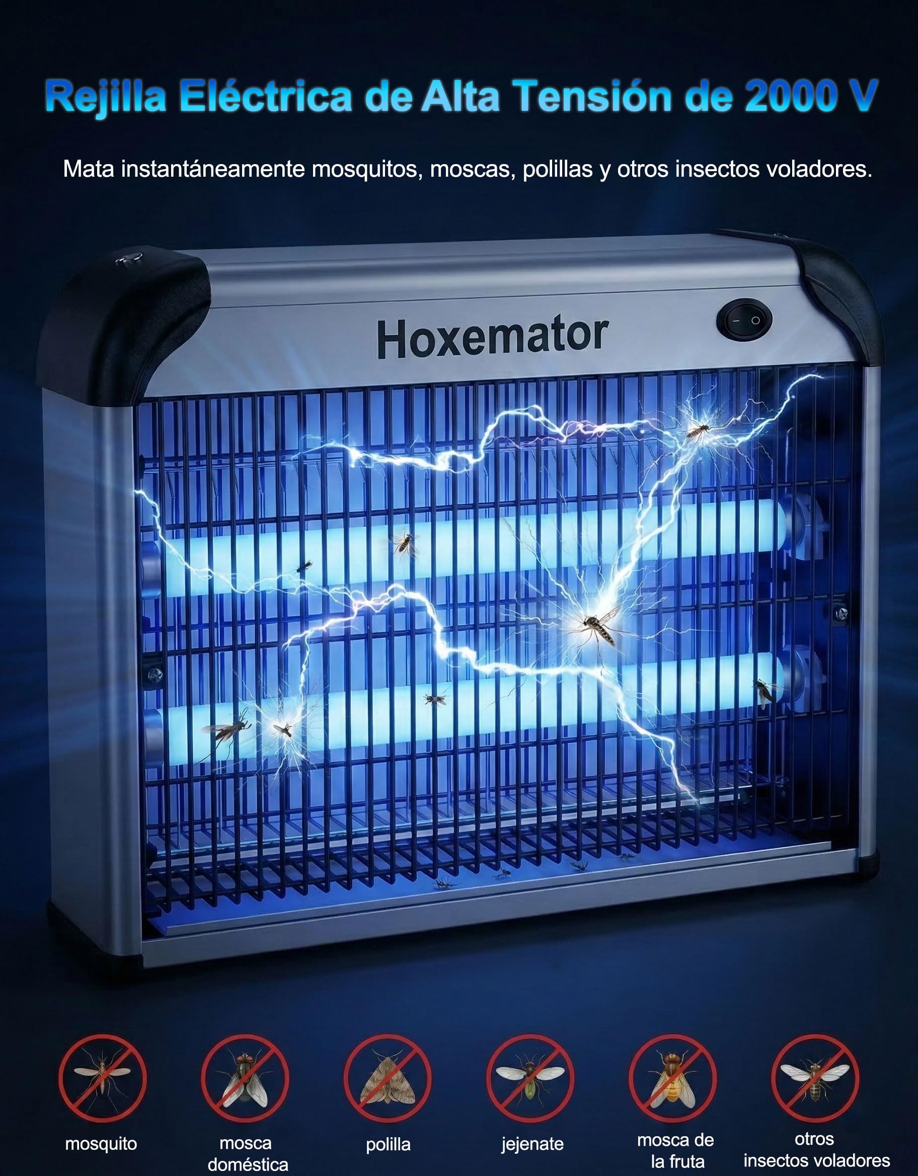 Lámpara Antimosquitos Eléctrica 20W Mata Mosquitos con Luz UV 365nm, 2000V Matamoscas Cobertura 100m² Sin Químicos Trampa para Insectos para Interior, Exterior, Dormitorio, Jardín, Cocina