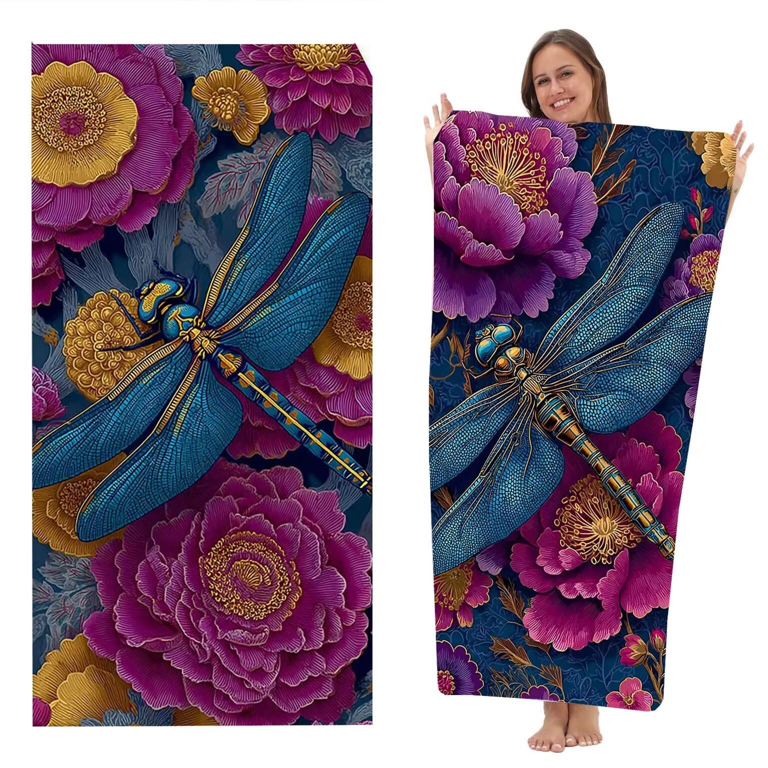 Ręcznik plażowy XXL, zestaw 2 szt., ręcznik z mikrofibry, ręcznik plażowy 220 x 100 cm, szybkoschnący, ręcznik plażowy, ręcznik plażowy, bez piasku, ściereczka z mikrofibry (Dragonfly Lila) z-6012