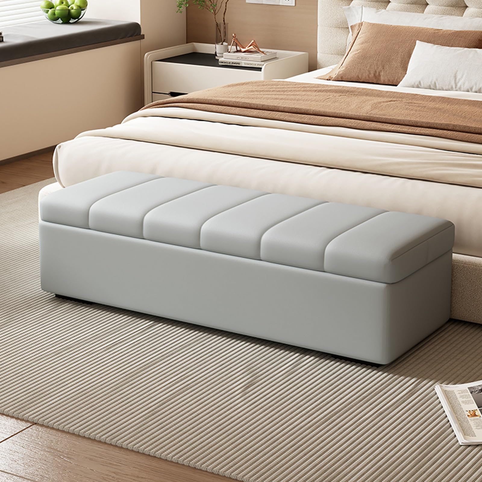 WJFTODAY Grey Leather Storage Ottoman Bench for Entryway Bedroom & Living Room Stylish Footstool & Toy Storage Solution (160cm/62.9in)