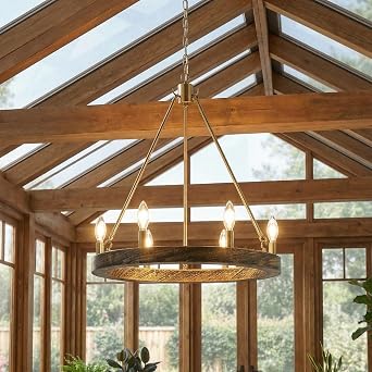 24.4" Wagon Wheel Chandelier 6-Light Round Wooden Chandelier w Candle Style, Modern Farmhouse Chandelier for Dining Room Light Fixture Over Table, Hardwired, 70.8" H, 6x E12 Bulbs Not Included