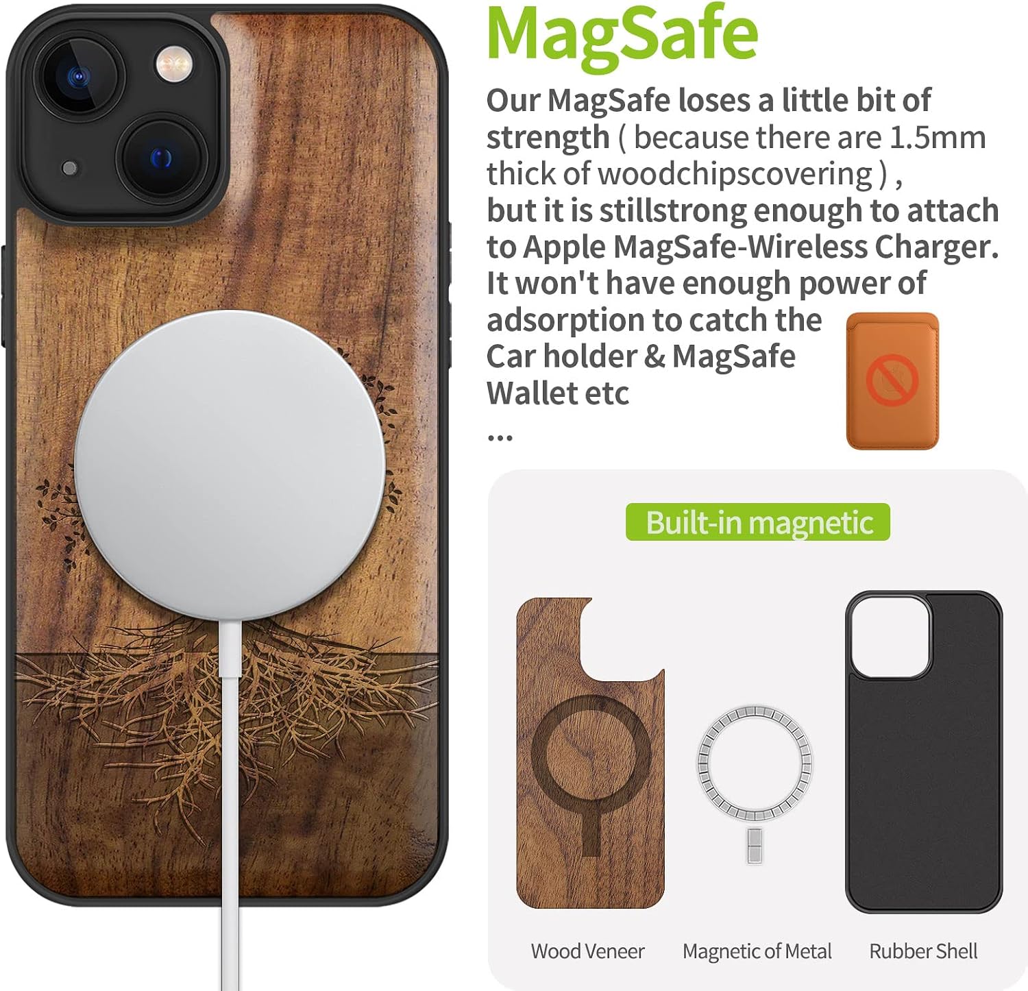 Carveit Magnetic Wood Case for iPhone 13 Case [Hard Real Wood & Black Soft TPU] Unique & Classy Wooden Shockproof Protective Cover Compatible with MagSafe (Tree with Roots -Walnut)