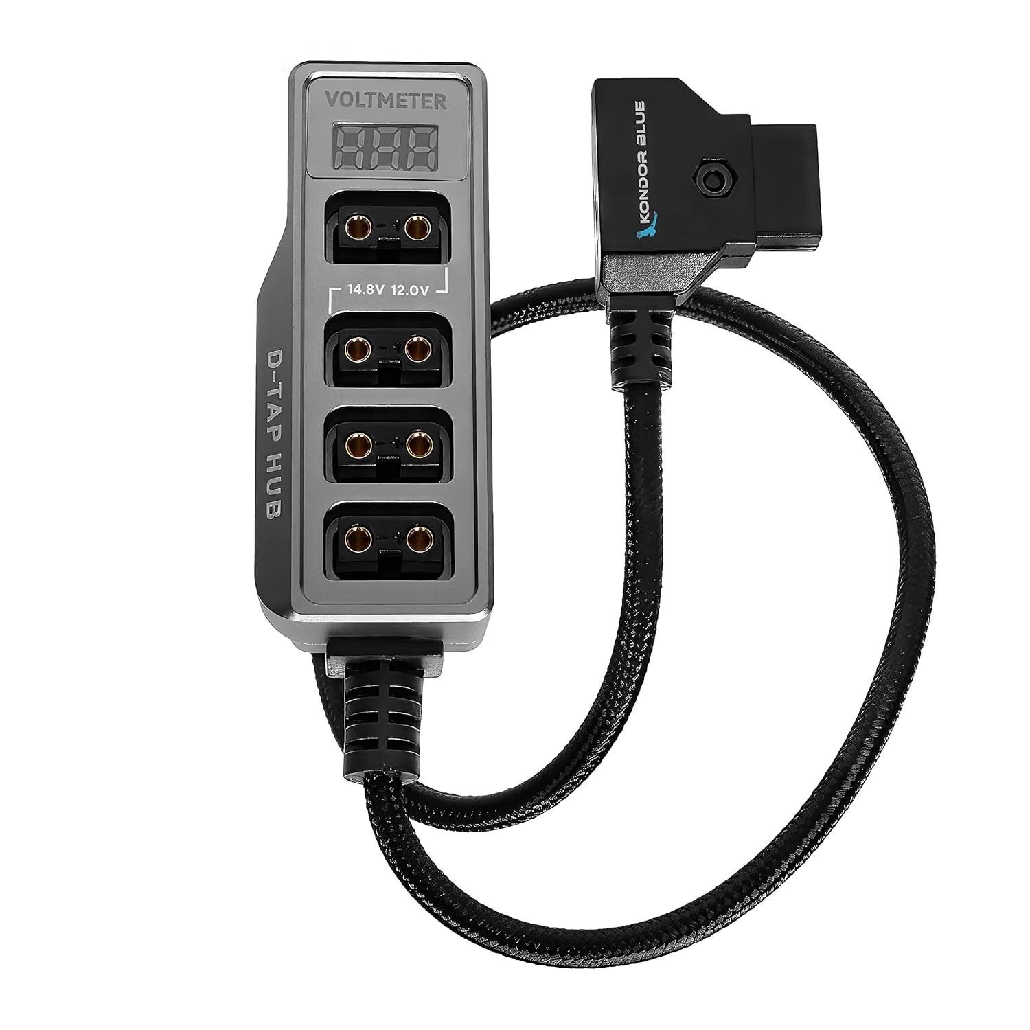 KONDOR BLUE | 12V D-Tap Power Hub Splitter with Voltmeter, 4 Way | 1/4-20 Threads, ARRI Anti Twist Locating Points, Multi Hole Mounting, Power Distribution for Camera Rigs | Black