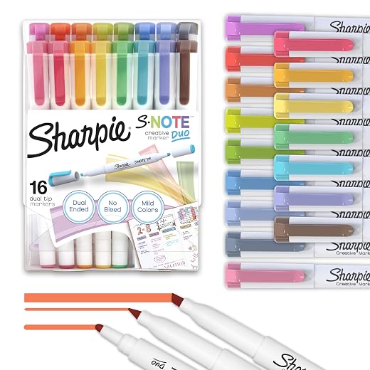 Sharpie S-Note Duo Dual-Ended Creative Markers, Part Highlighter, Part Art Marker, Assorted Colors, Fine and Chisel Tips, Includes Stand-up Easel, 16 Count