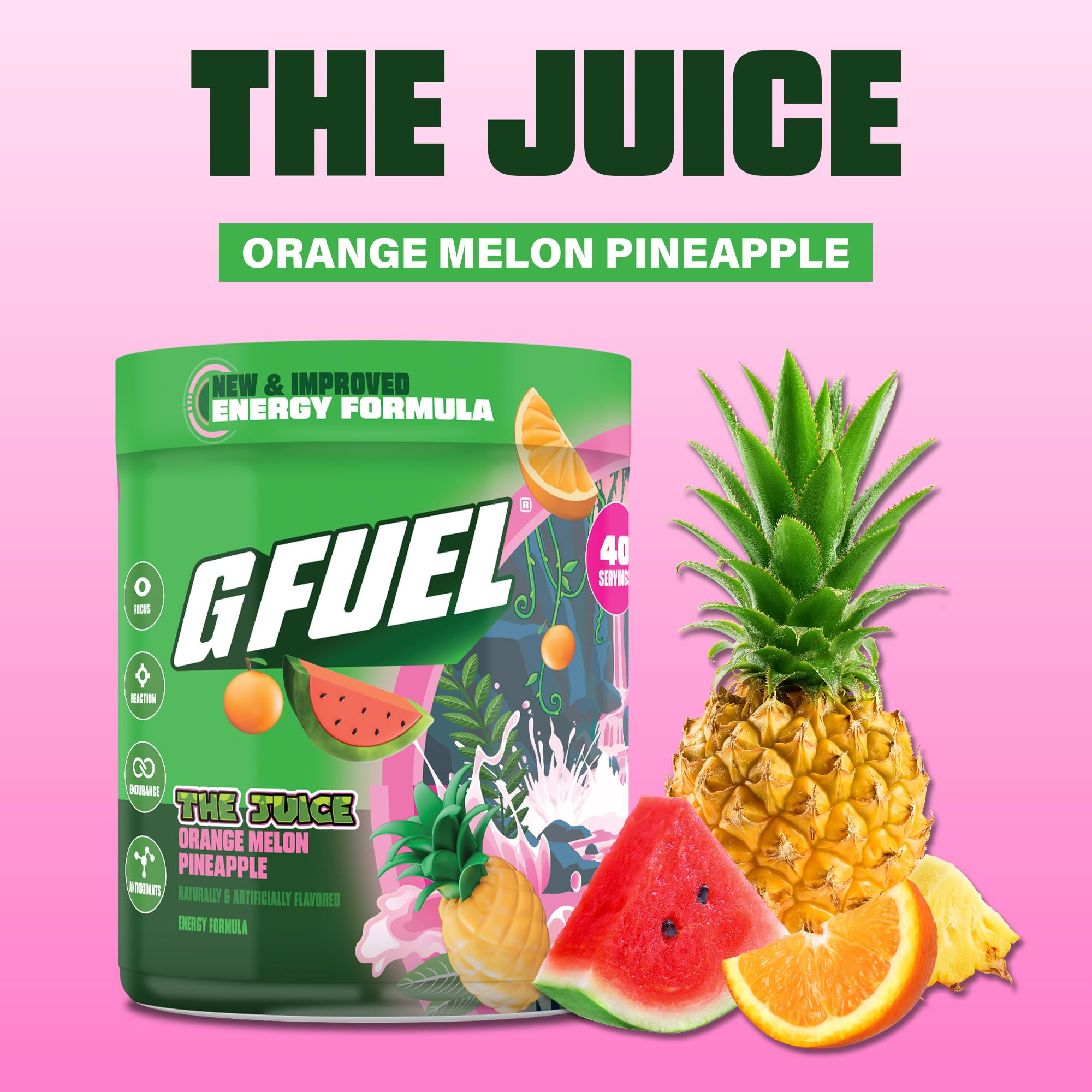 G Fuel The Juice 2.0 Energy Drink Powder, Pre Workout Caffeine Mix for Gaming, Sugar Free Focus Amino, Vitamin + Antioxidants, 8.7oz (Orange Melon Pineapple, 40 Servings) — Amazon image 2