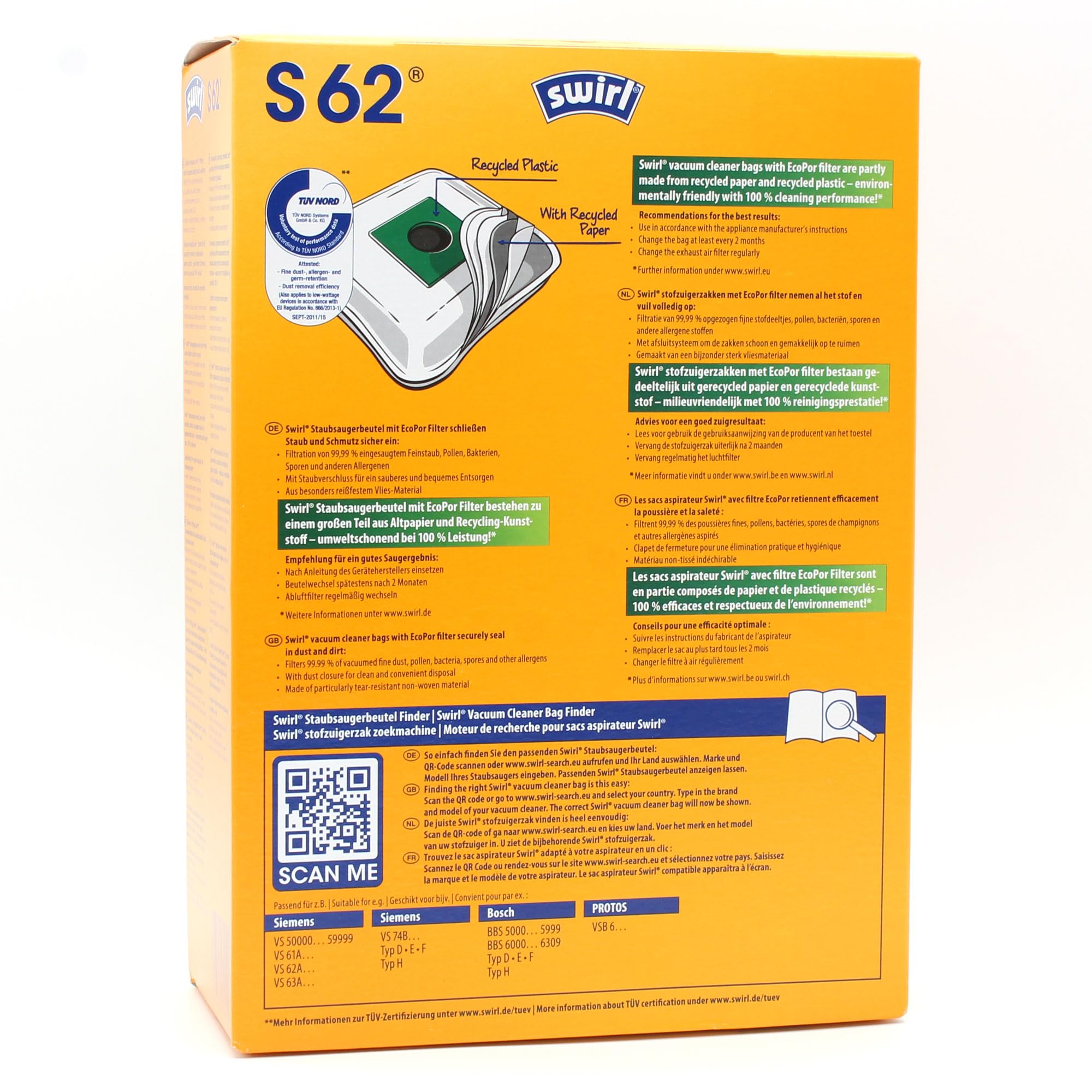 PakTrade 8 Sacchetti per aspirapolvere + Perline deodoranti Compatibile con Bosch BBZ 52 AFBC, BBZ 6 AF 1, Typ D, E, F | Compatibile con Swirl S62 - S 62 | 8 Borse, Deodorante per Ambienti, Accessori