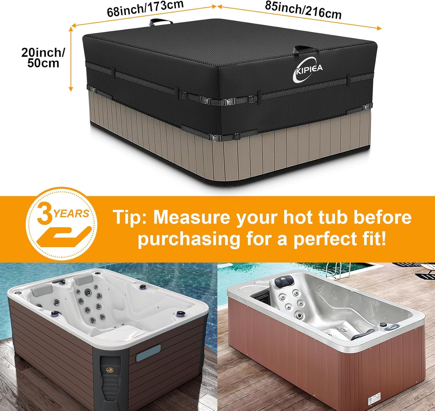 Kipiea 600D Outdoor Waterproof Rectangular Hot Tub Cover Protector, Heavy Duty Polyester SPA Cover UV Protection Cover 85" L x 68" W x 20" H, Black