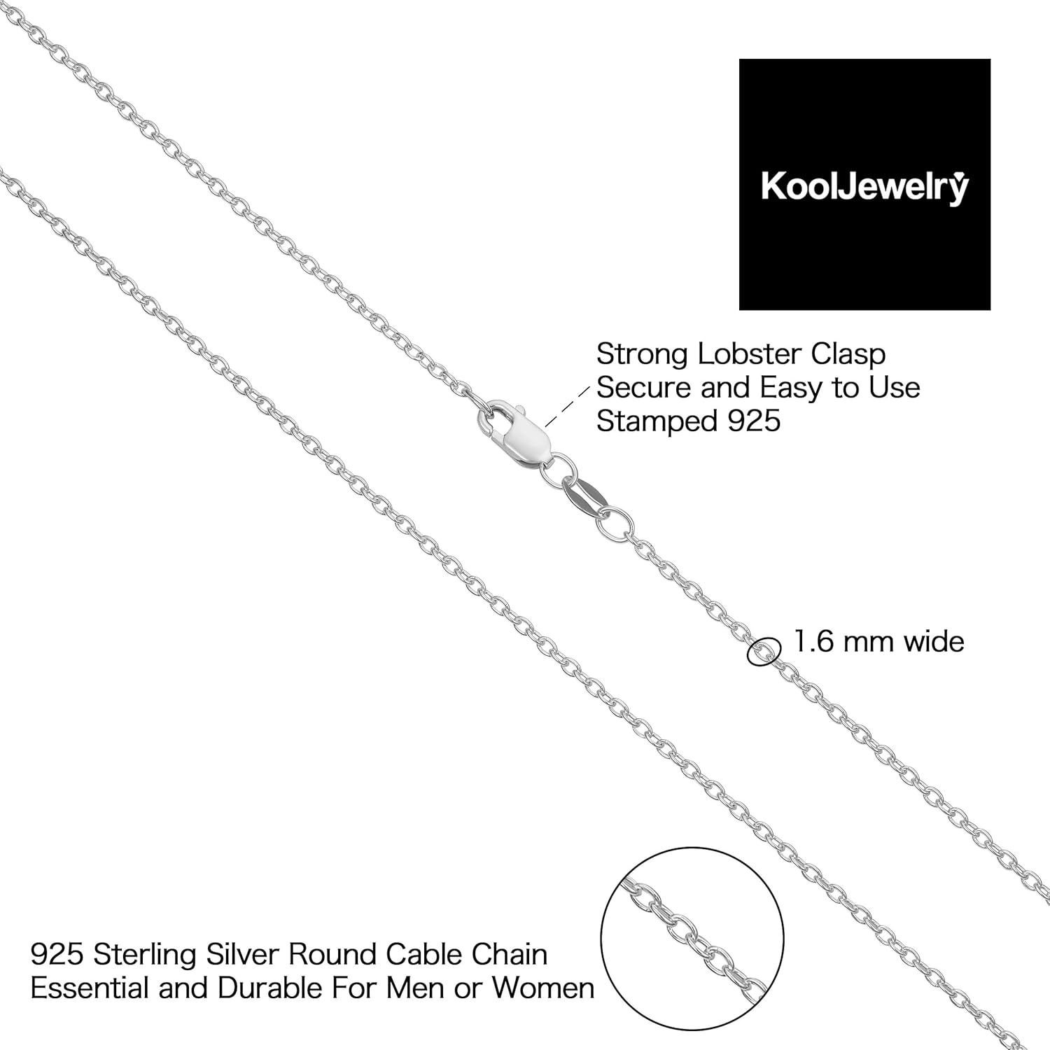 Kooljewelry Sterling Silver or Yellow Gold Over Sterling Silver Cable Chain Necklace for Women (1.2 mm, 1.6 mm or 2.1 mm) - Image 2
