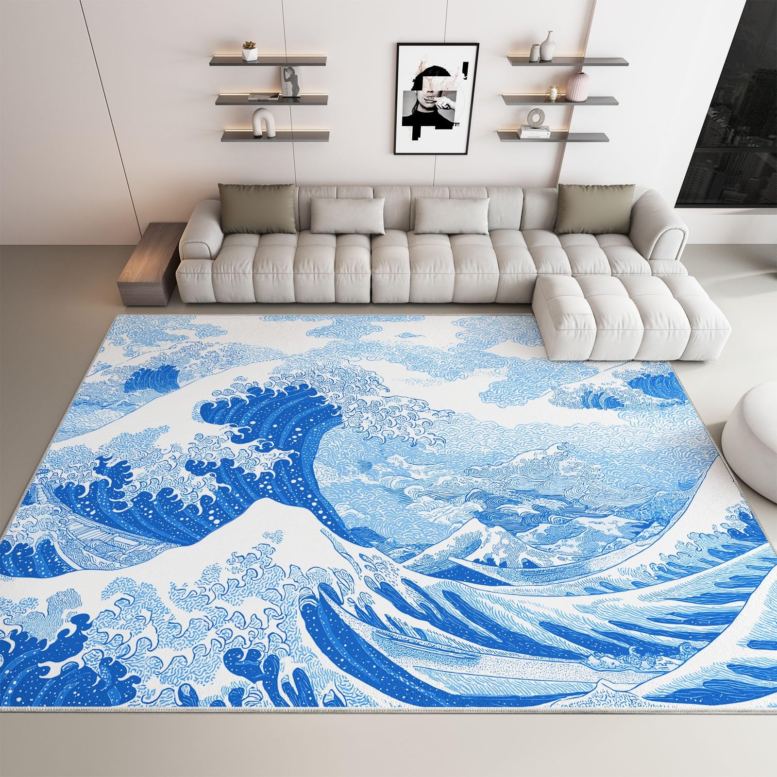Tapis Poils Courts Moderne Vagues Bleues De L'Océan 80x150cm Tapis Salon Lavables Antidérapant Doux, Effet Impression 3D, pour Chambre Cuisine Salle à Manger Bureau