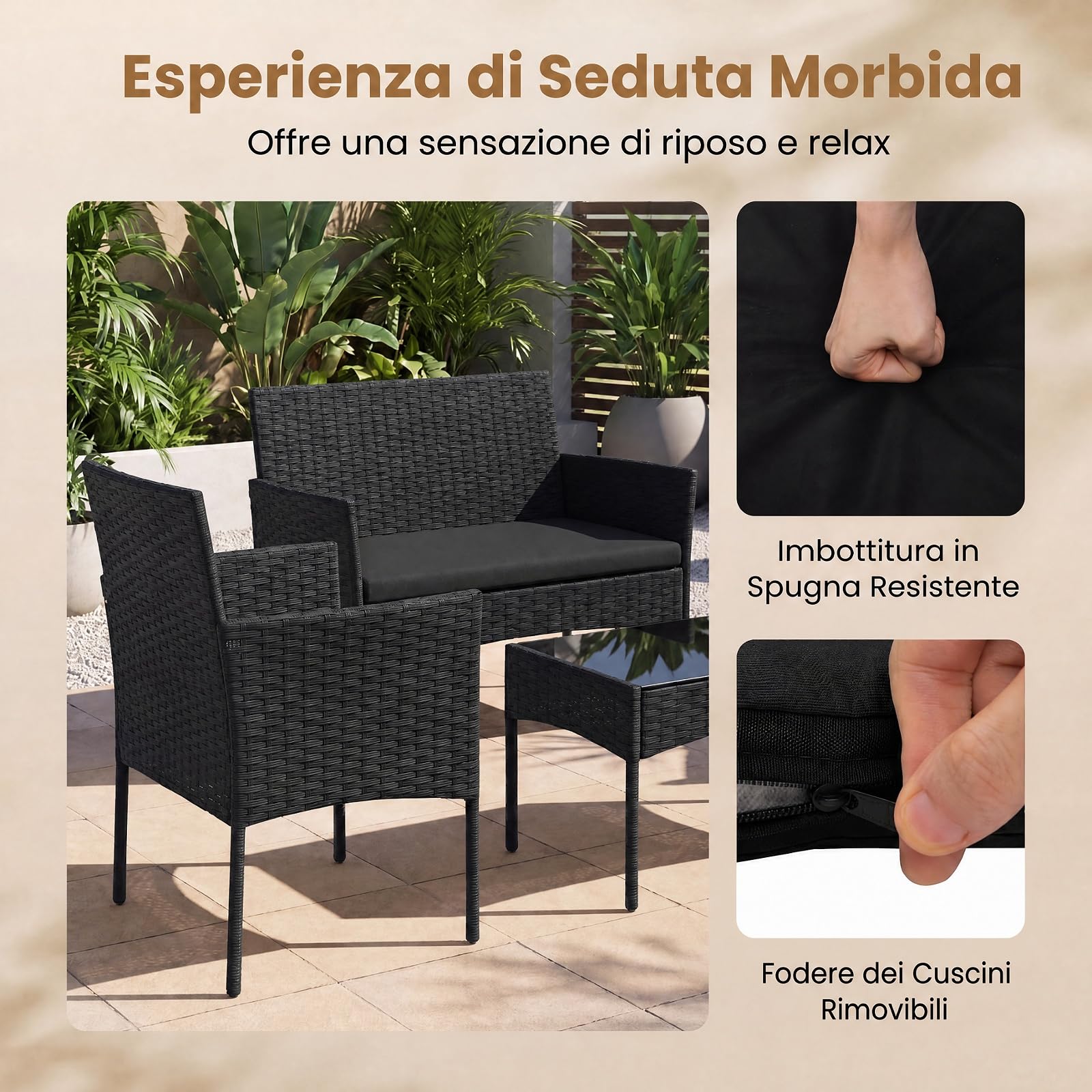 SOARS Salotto da Giardino 4 Pezzi, Set da Esterno in Rattan con 1 Divano 2 Posti, 2 Poltrone, 1 Tavolino in Vetro Temperato, Set Mobili da Giardino con Cuscini per Balcone, Terrazzo (Nero)