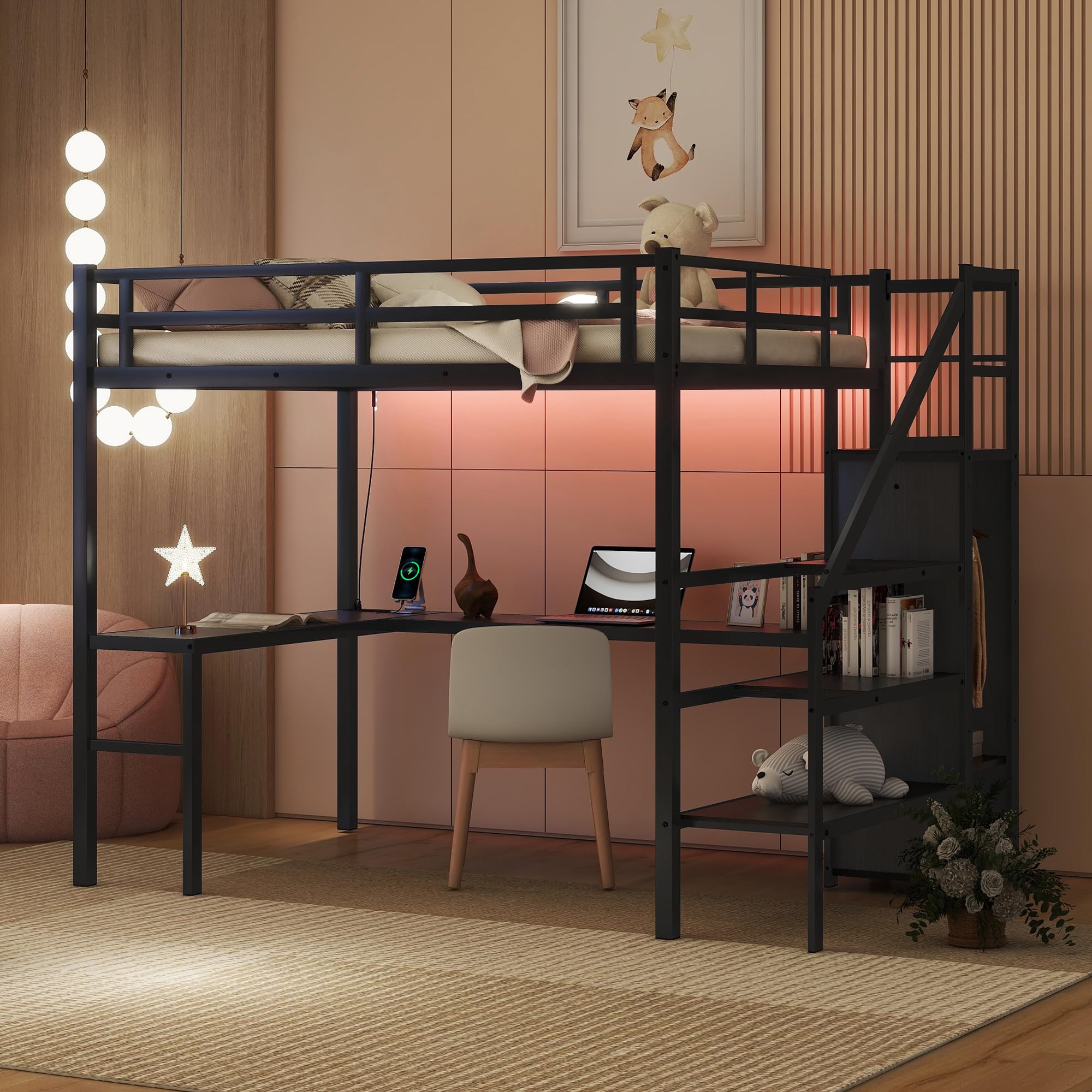 Loft Bed with Stairs Full XL Size, Metal Loft Bed Frame with Storage Wardrobe and Shelves, Heavy-Duty Black Loft Bed with Desk and LED Light and Charging Station for Adults Teens Kids