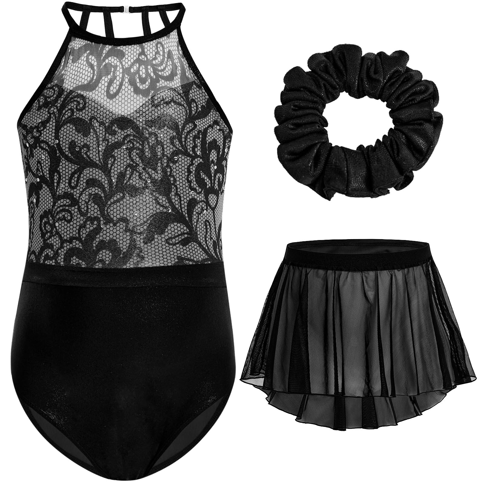 Gogokids Filles 3 PCS Ensemble de Gymnastique Halter, Enfants Justaucorps de Gymnastique avec Design en Strass & Maille, Ballet Scintillant Comprend Justaucorp, Jupe en Mousseline & Hairband pour 3-12