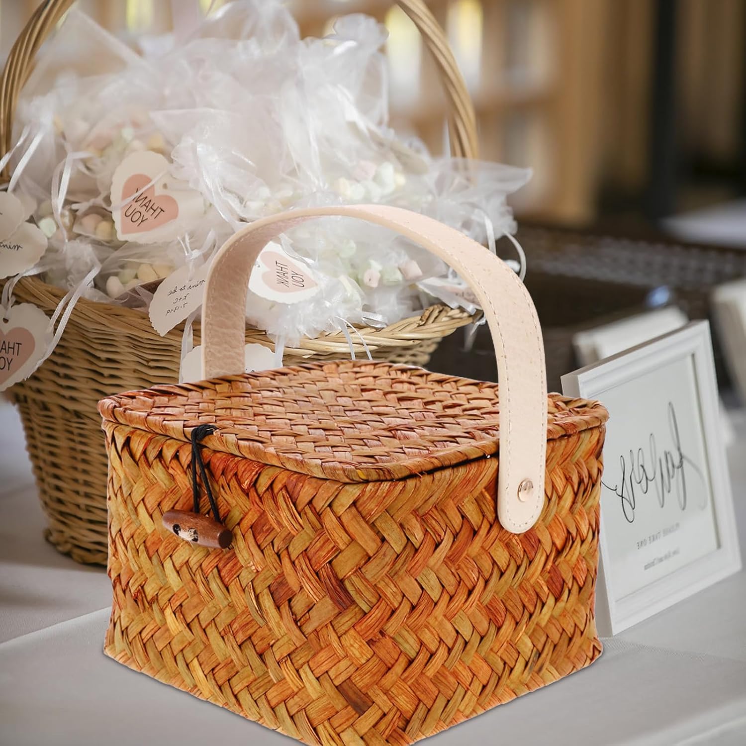 SHINEOFI Woven Storage Basket Gift Box with Handle, Wicker for Xmas Home