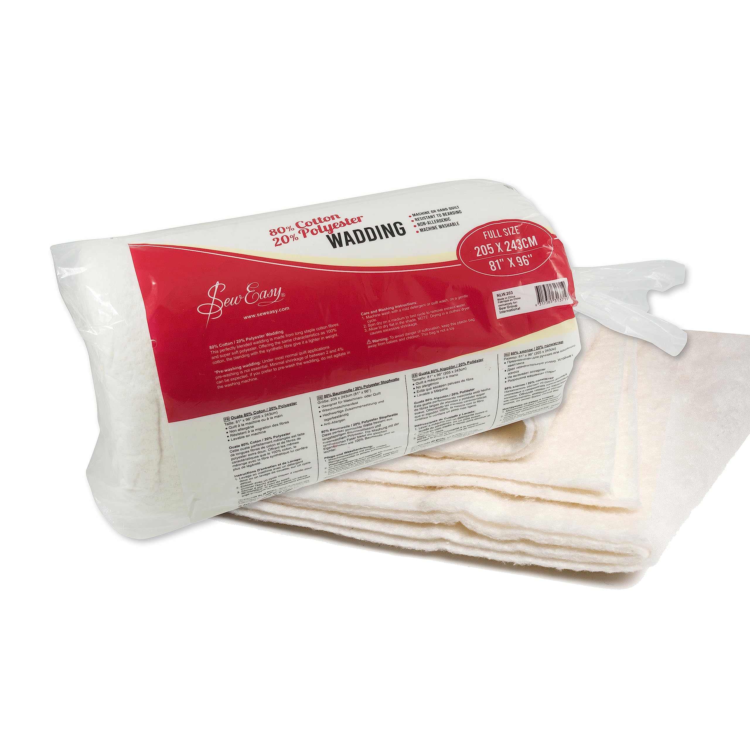 Sew Easy Quilting Batting Wadding 80% Cotton 20% Polyester Washable Full Size 205.7 x 243.8cm 81 x 108”