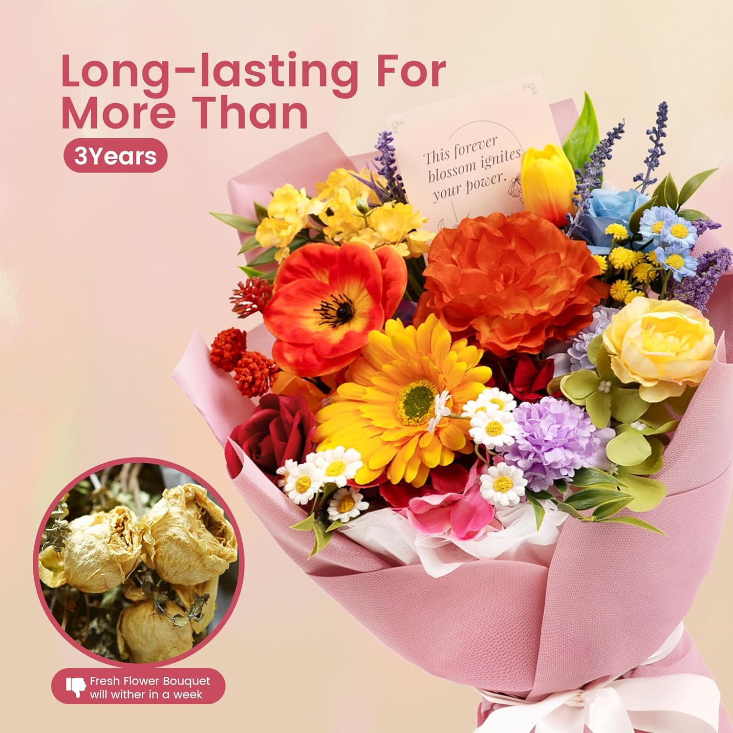 TINGE TIME Preserved Flowers Bouquet, Rainbow Fake Flowers Bouquet, Aritifical Roses Bouquet for Wedding, Table Centerpieces, Valentines, Mothers Day, Birthday Gifts, Anniversary, Engagement