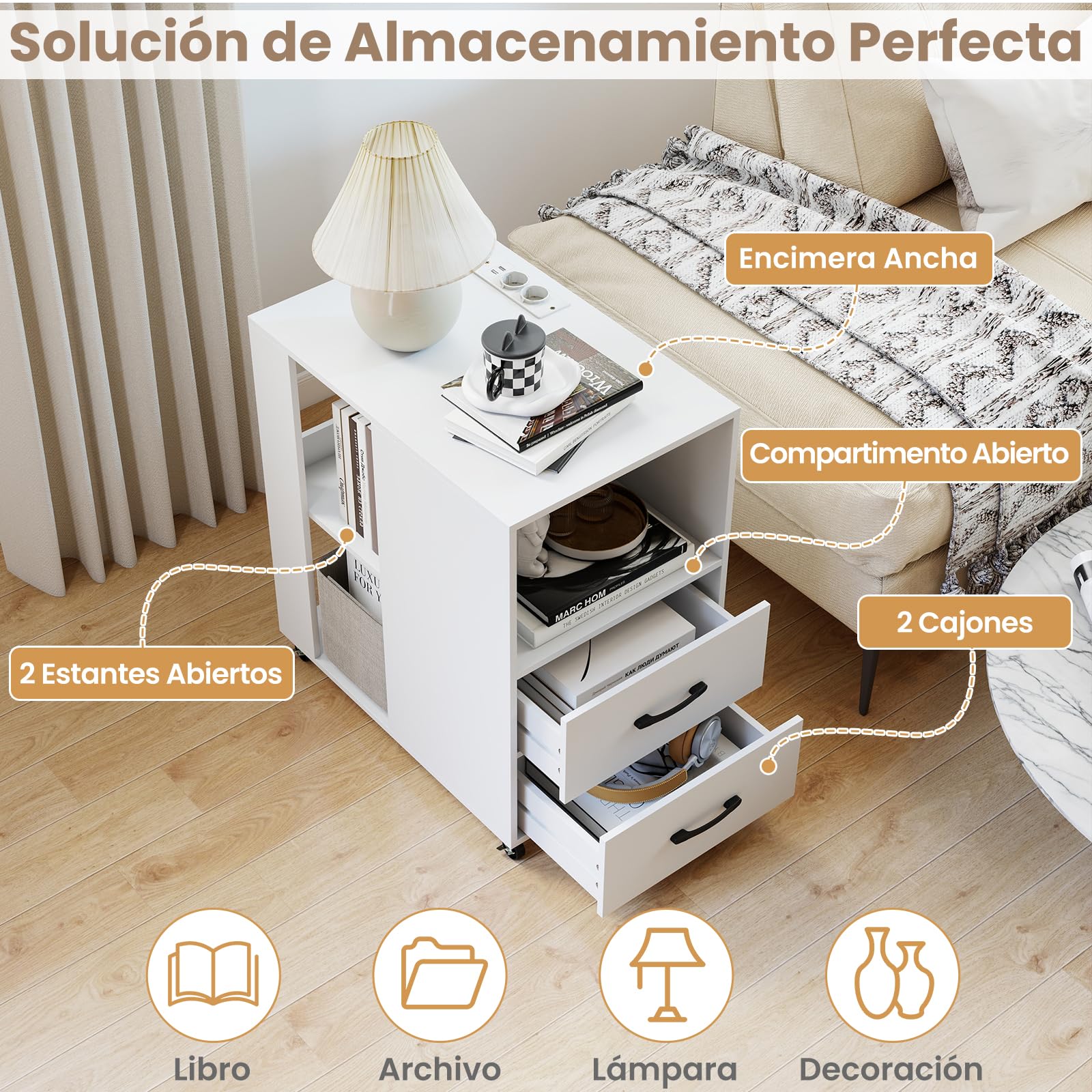 COSTWAY Mesa Auxiliar Estrecha con Ruedas, Mesa Lateral con Estación de Carga, 2 Cajones y Estantes Abiertos, Mesita de Noche de Madera Salon Sofa Dormitorio, 60 x 40 x 65,5 cm (Blanco)