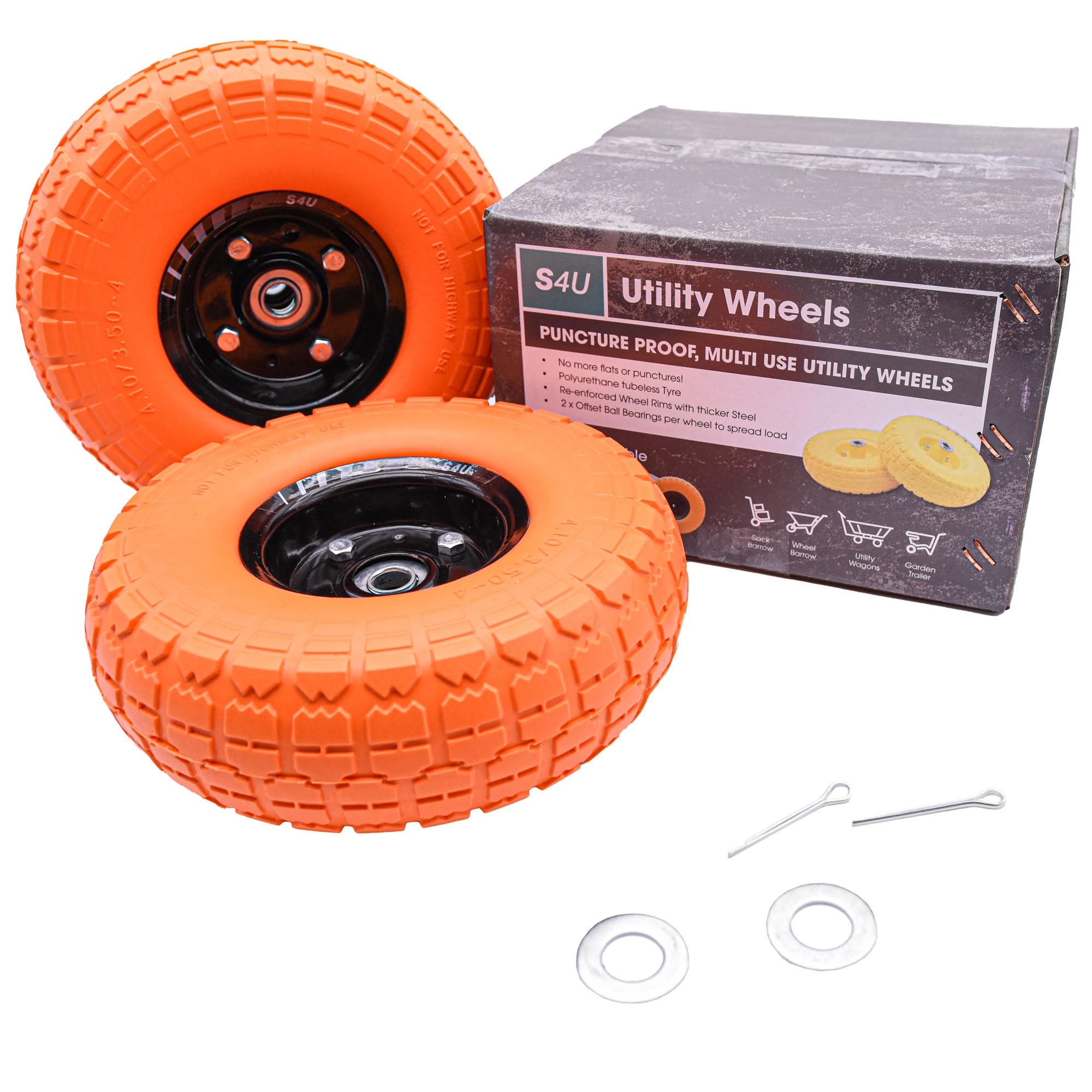 S4U2x10” Sack Barrow Hand Truck Trolley Cart Wheelbarrow Solid Wheel 3.5-4 PU Heavy Duty Puncture Proof 16mm Bearing Wheel Nylon locking nuts (Tangerine)