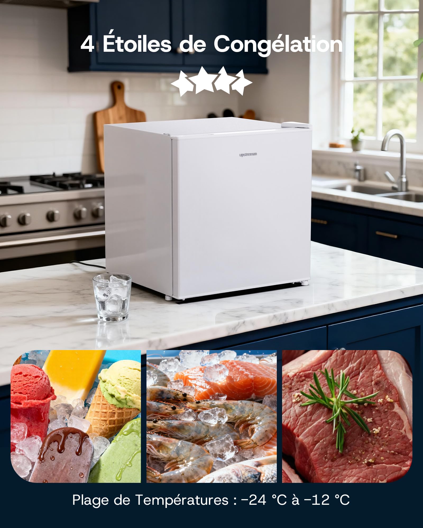 Upstreman Mini Congélateur 35L -24℃ 4 Étoiles Porte Réversible Silencieux Économie d'Énergie Blanc UF35
