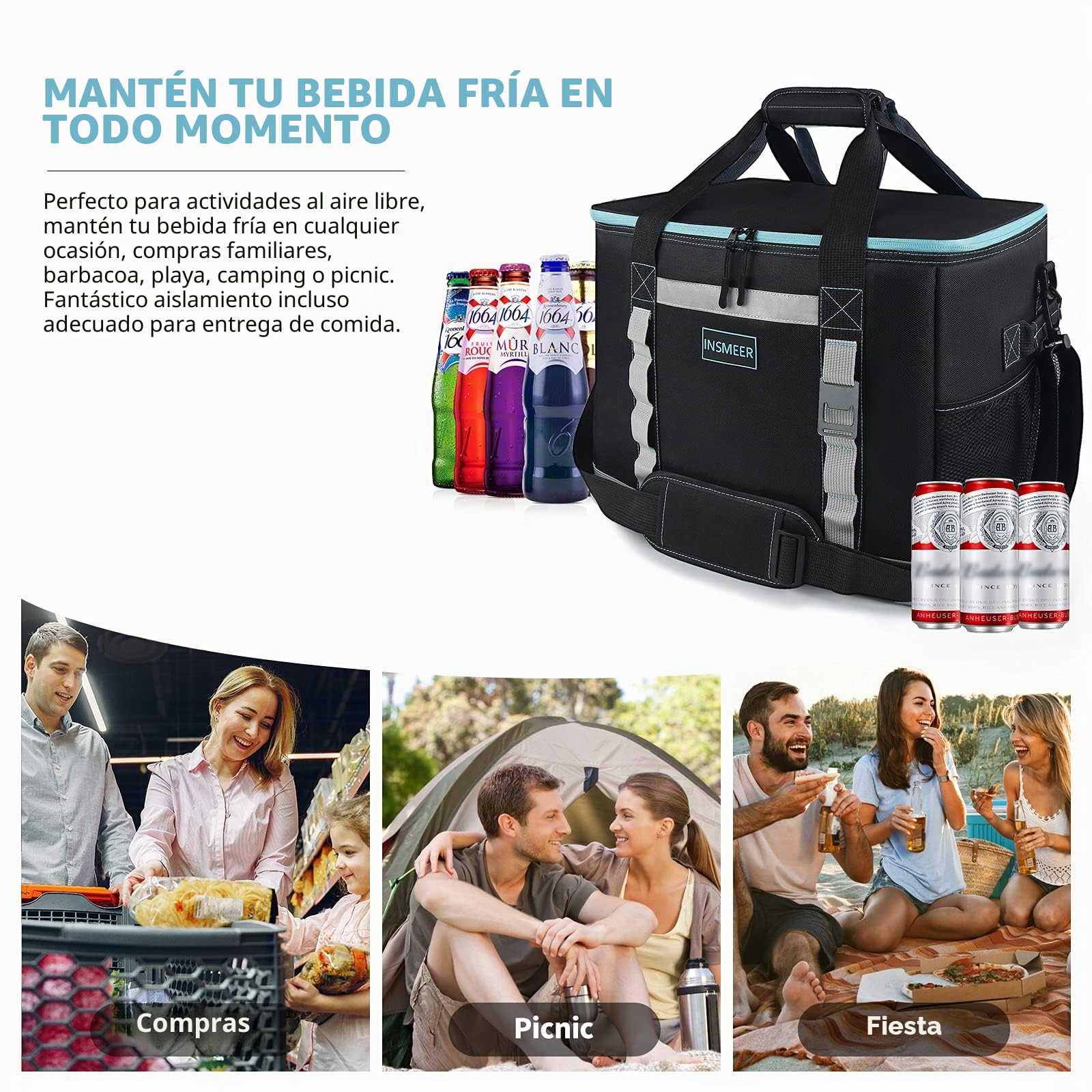 INSMEER Bolsa térmica Grande 65 latas, a Prueba de Fugas aislada Plegable fácil de Limpiar con abridor de Botellas y Correa de Hombro extraíble, Adecuada para Playa,Picnic,Compras,Camping, 48 L