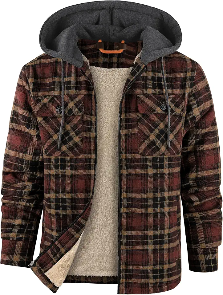 zitysport Chemise pour Homme Sherpa Polaire à Carreaux Doublée Veste à Capuche Doublure Manteau Veste d'hiver avec Poches Flanelle Chemise Hommes Carreaux Sweat Capuche