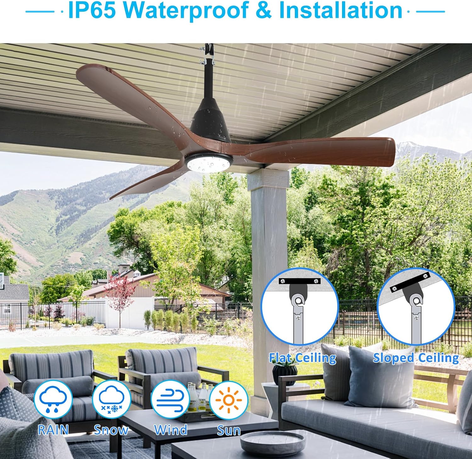 Depuley Outdoor Ceiling Fan with Lights: 42" Black Gazebo Fans Outdoor Hanging with Remote APP Control - Plug in Waterproof Fans with Light for Patio Porch Reversible Walnut Blade 3CCT 6 Speeds Timer