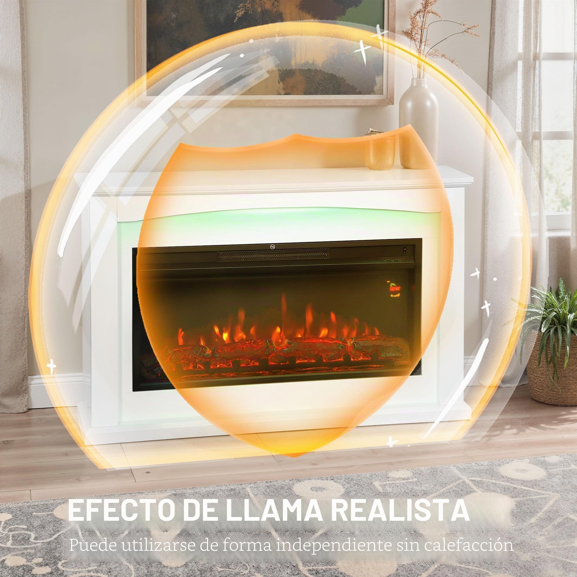 HOMCOM Chimenea eléctrica 1000W/2000W, Efecto Llama con 5 luminosidades Regulables, Chimenea Decorativa de imitación con repisa, termostato Regulable, Mando a Distancia, Temporizador, hasta 30 m²,