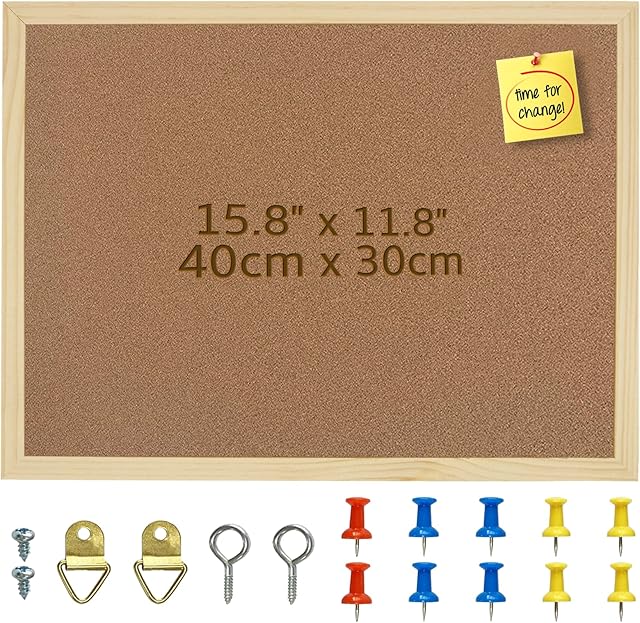 40X30cm Thicken Cork Board, Notice Pin Board, Memo Board, with 10 Pushpins and Hanging Rings Vision Board, Bulletin Board for Office, Classroom or Home Classic Wooden Frame