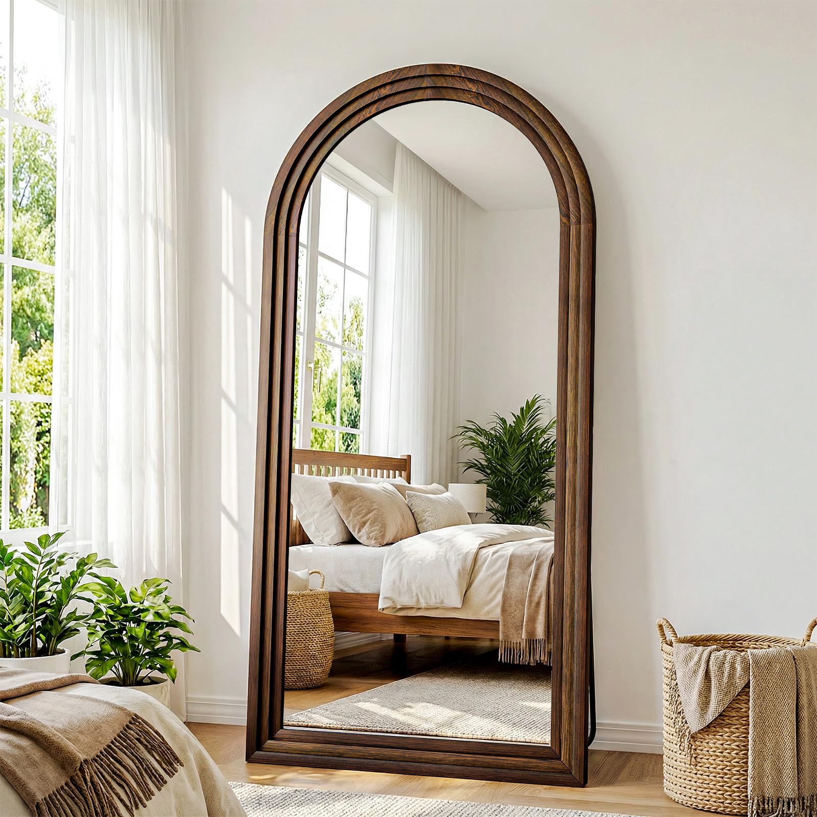 30"x71" full length mirror solid wood frame, arched floor mirror full length with stand, room decor big full body mirror with hd tempered glass for bedroom, living room, walnut