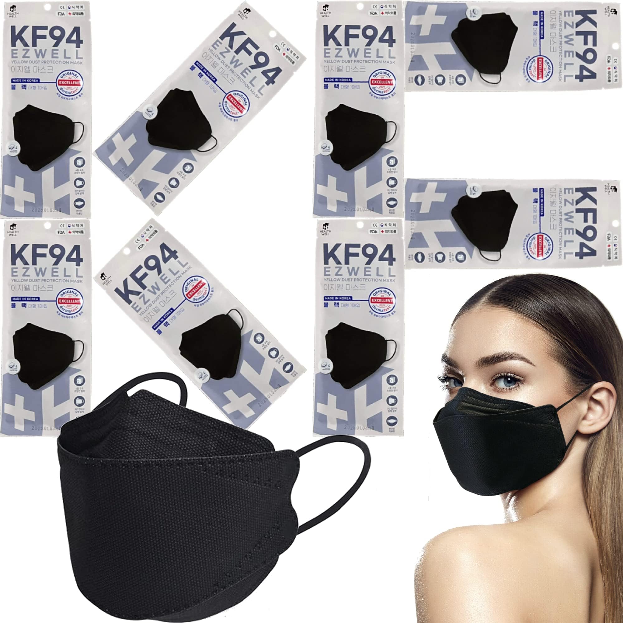 8 Pack Individually Wrapped Large Black EZWELL KF94,Premium Thick 4-Layer Face Shields for Hygiene Security Protection,Block Fine Dust,All Day Comfort Wear w. High Elastic Ear Loops,Made in Korea