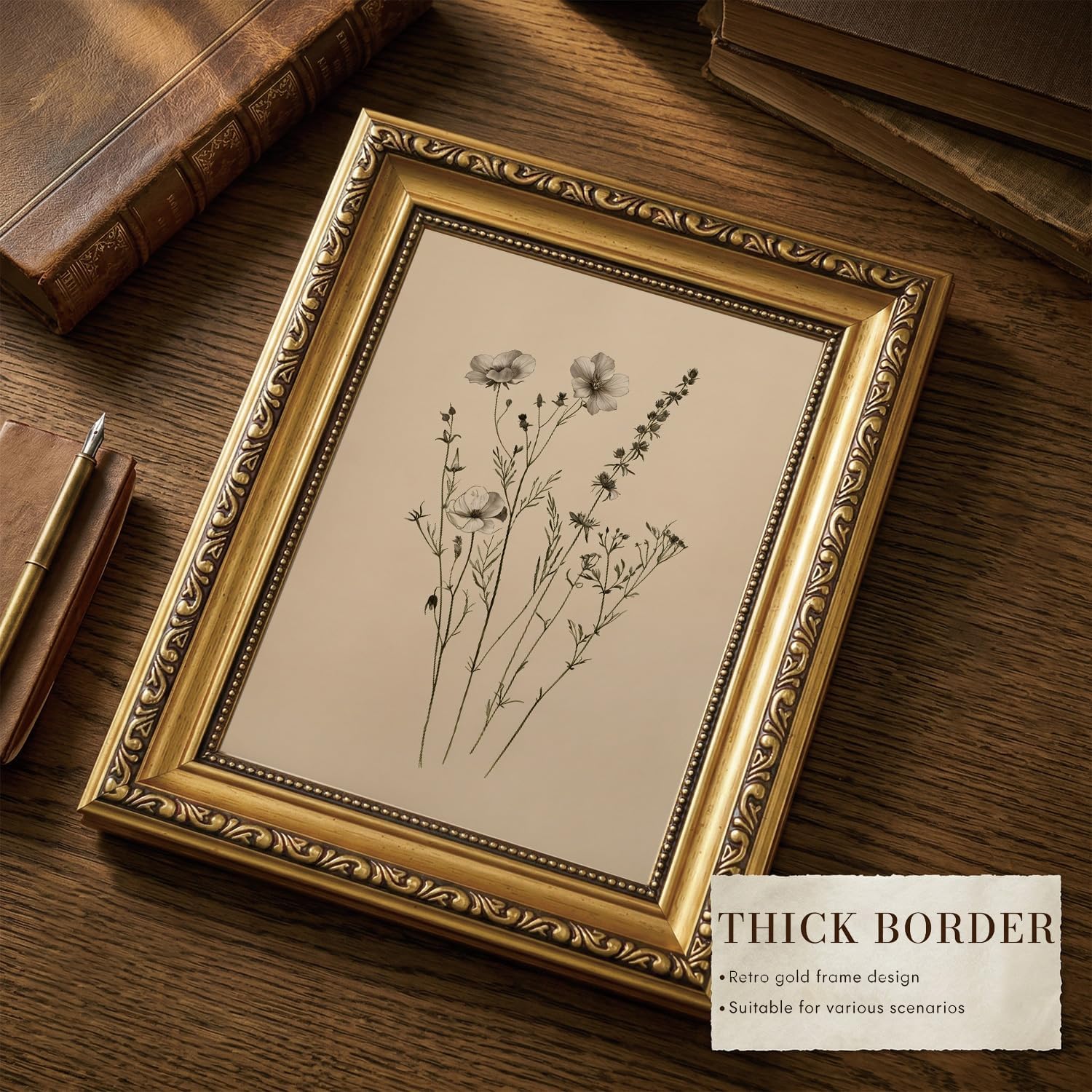 Vintage Gold Framed Wall Art Botanical Wall Decor Natural Sketch Canvas Art Wildflower Pictures Boho Paintings Floral Prints Retro Artwork for Nursery Living Room image 4