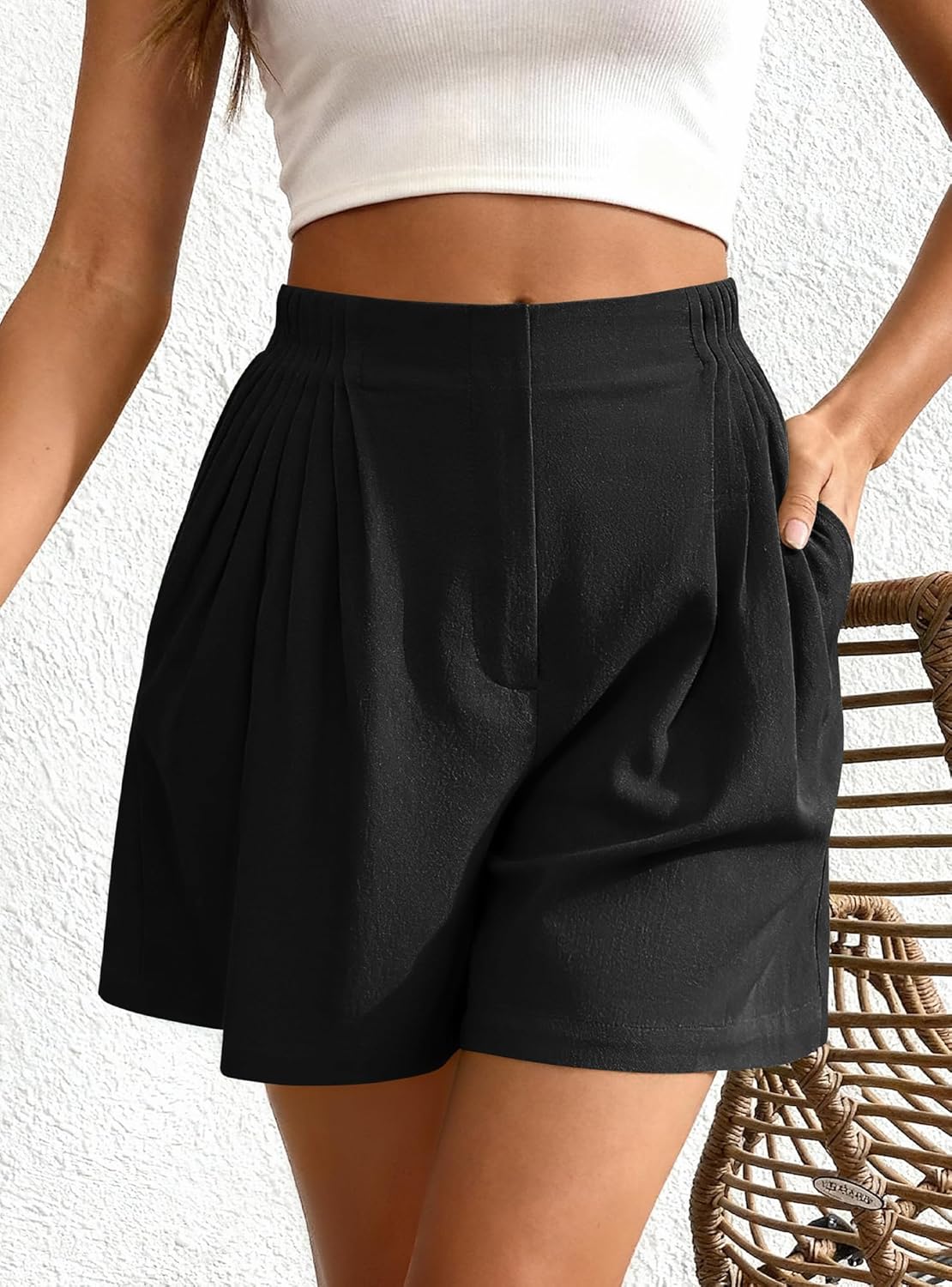 BTFBM Womens Shorts Casual 2026 Spring Summer Elastic High Waisted Pleated Cotton Shorts Beach Vacation Outfits Pockets - Image 5