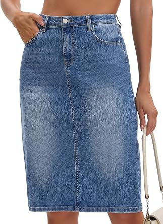 Womens Jean Skirt Back Slit Stretch Below Knee Length Denim Skirts