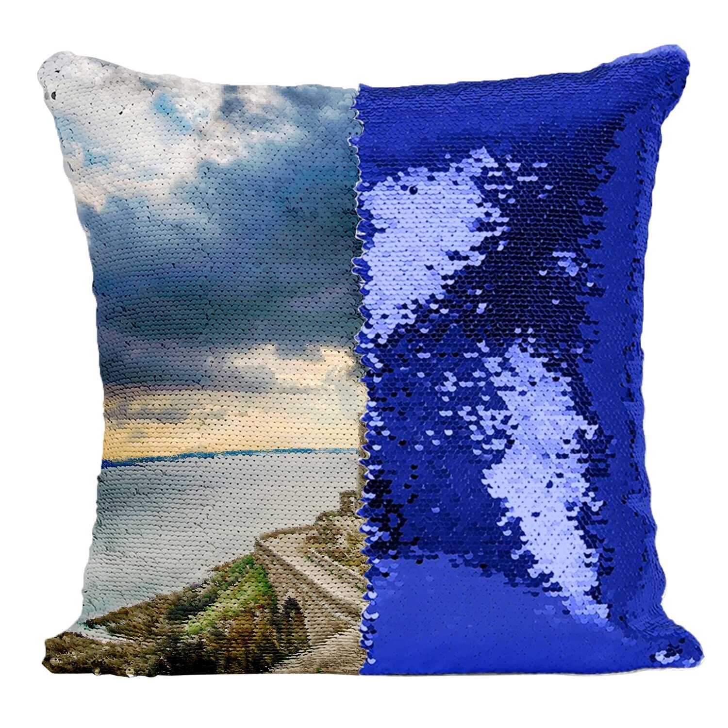 Coussin sequin bleu paillettes lever de soleil housse carrée pour décoration maison