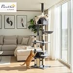 PawHut Arbre à chat de sol au plafond, Tour d'escalade pour chat ajustable de 91 po à 98 po avec 2 condos, hamac et poteaux à gratter en sisal, pour intérieur, Centre d'activité multi-niveaux, Gris foncé