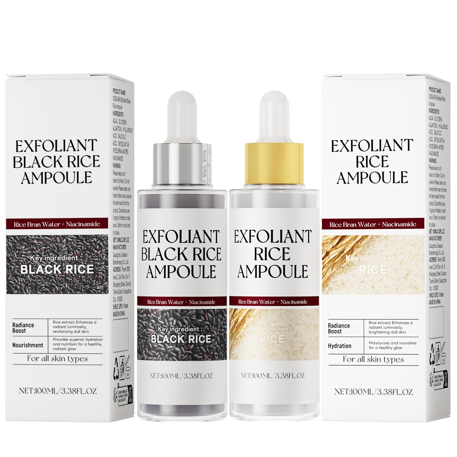 2-Pack Black & White Rice Exfoliating Ampoule, Gentle Rice Peel Facial & Body Treatment, Korean Skincare for All Skin Types with Dual Rice Enzymes