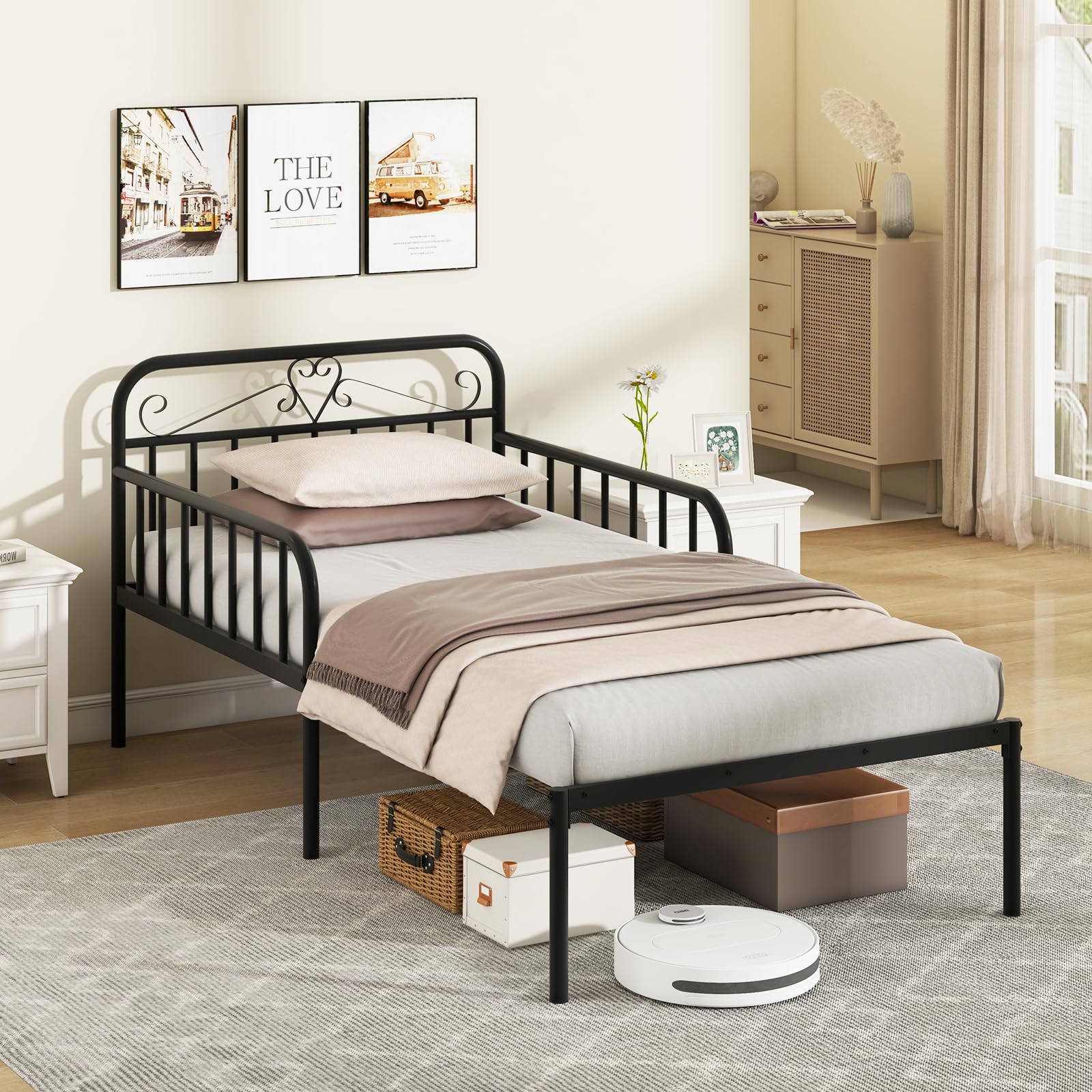COSTWAY Metal Bed Frame, 3FT Extendable Daybed to Single Bed with Trundle and 31cm Underbed Storage Space, Bedroom Metal Slat Support Platform Day Bed Base Guest Sofa Bed, No Box Spring Needed (Black)