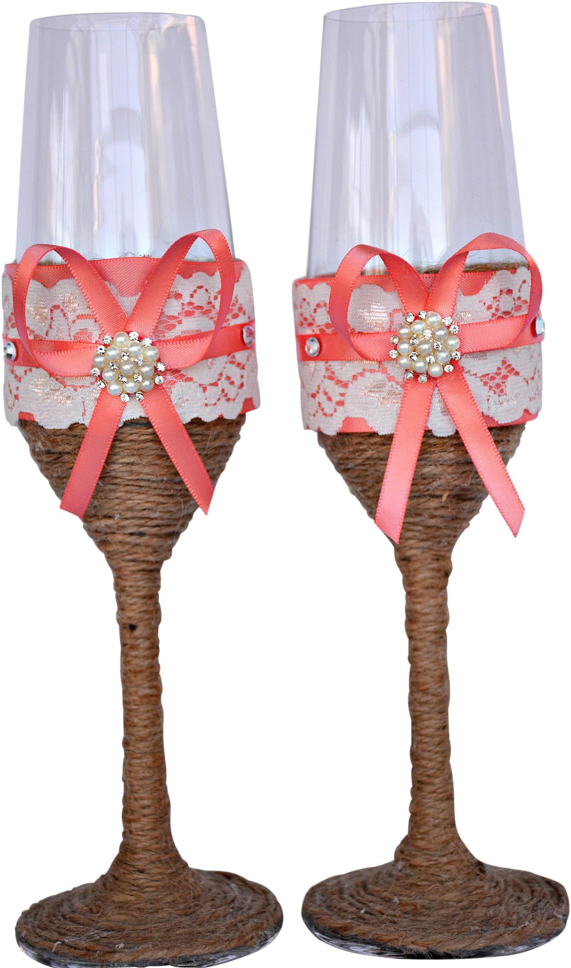 ☆ Wedding Champagne Glasses Bride Groom Flutes Tosting Rustic Country Barn Burlap Lace Bridal Shower Gift (Coral)